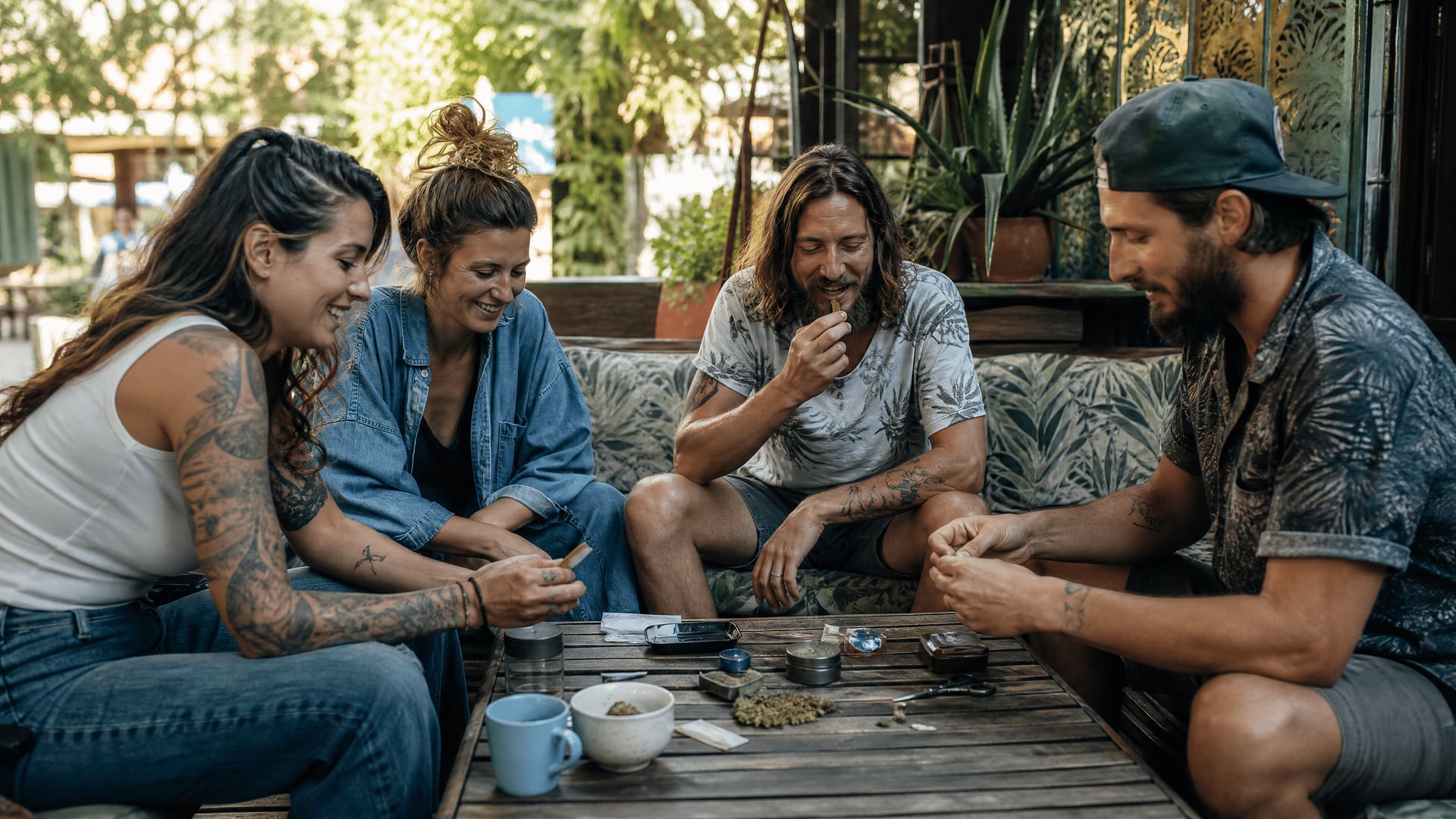 Terrace gathering in Puerto de Alcúdia with members chatting at a cannabis social club