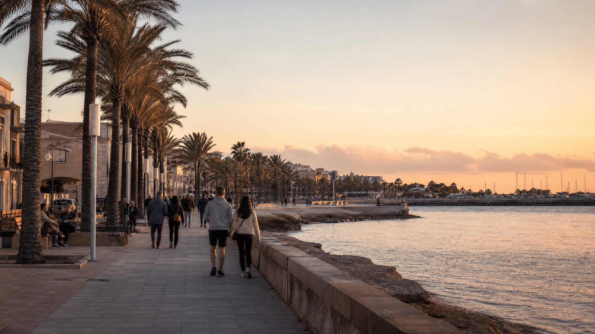 Coastal Llucmajor promenade with evening walkers and neighbourhood cannabis club context