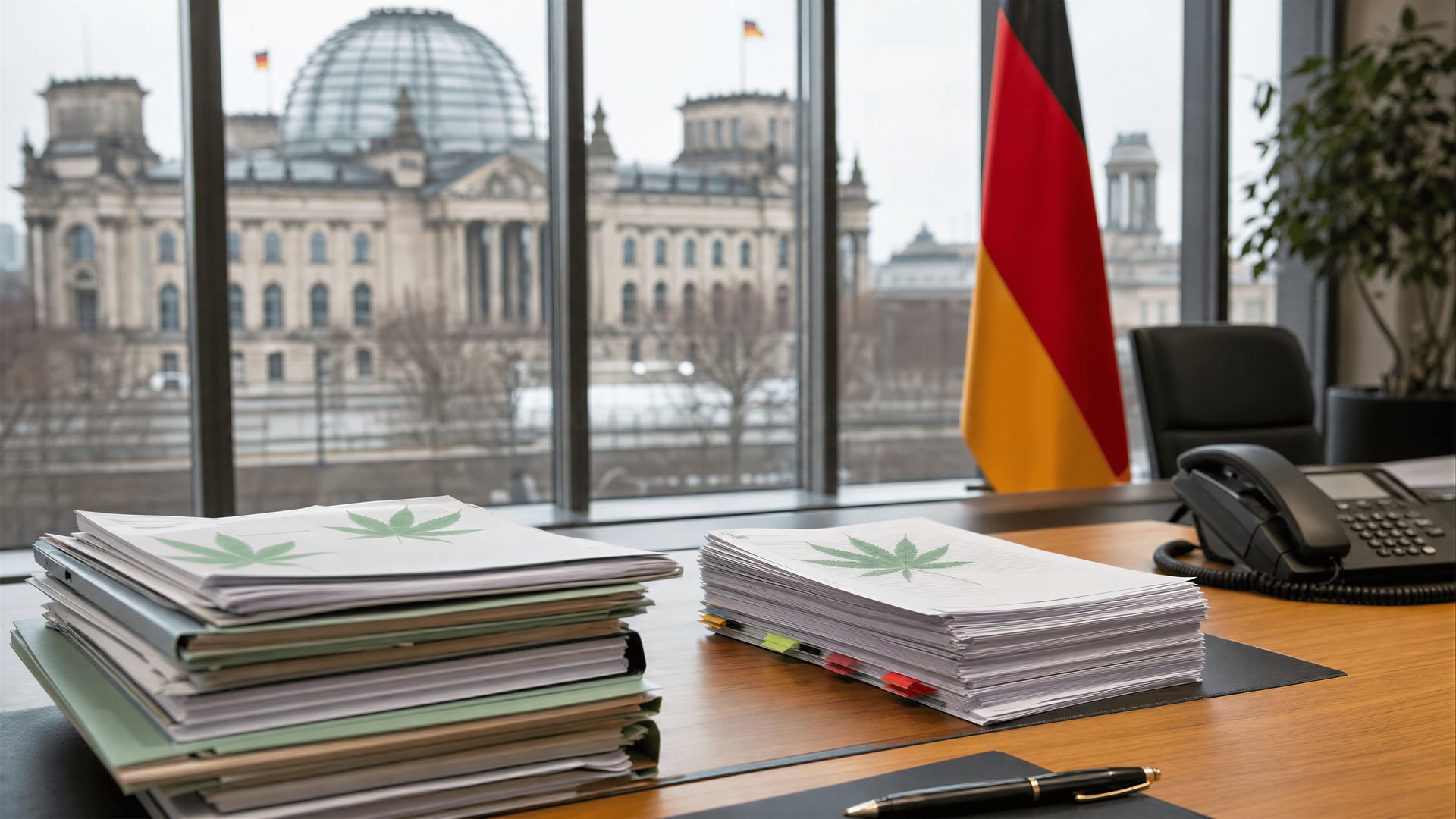 German federal ministry office desk with cannabis evaluation papers and a briefing folder.