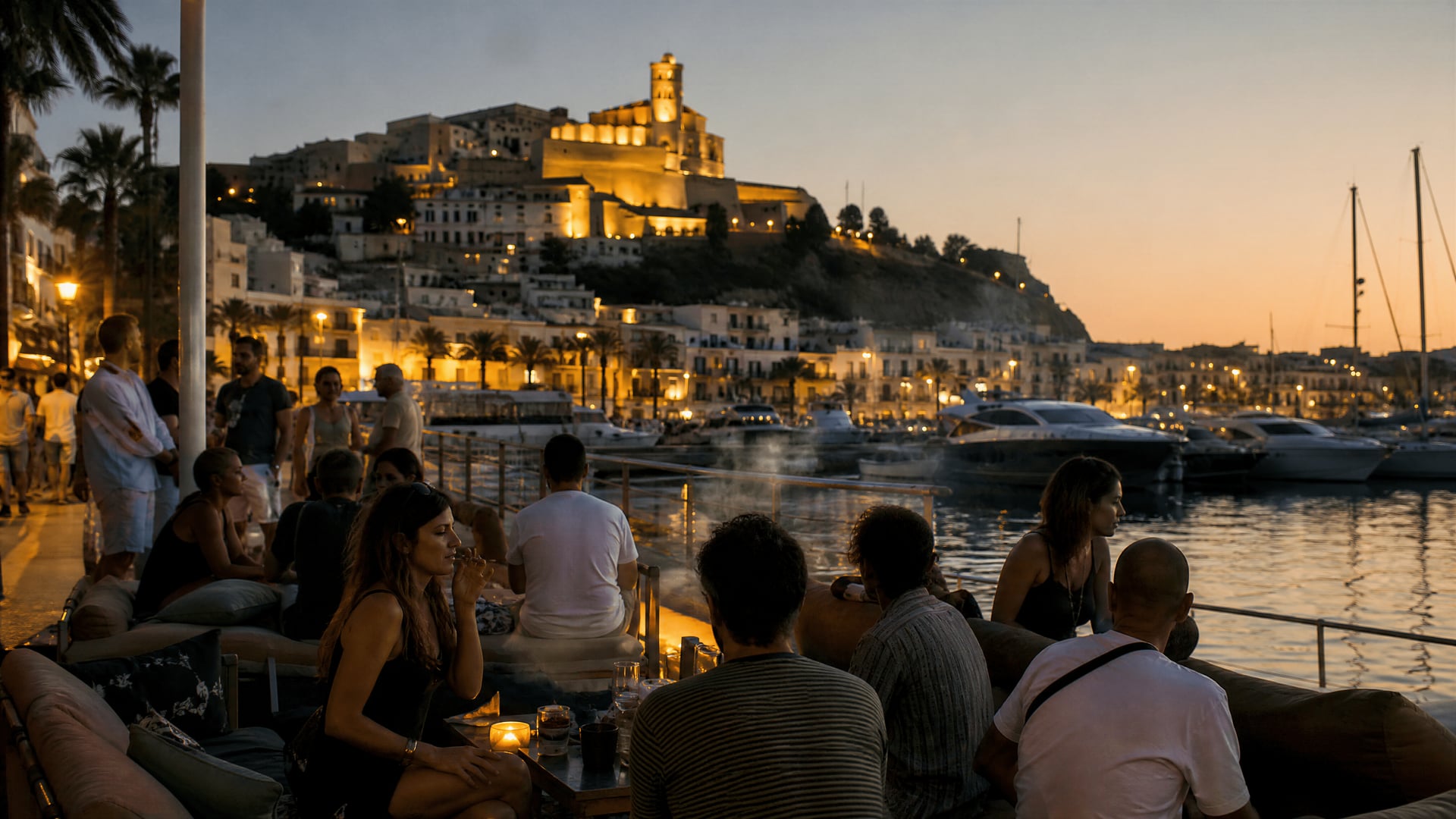 Puerto de Ibiza al anochecer con locales, luces y ambiente nocturno relajado
