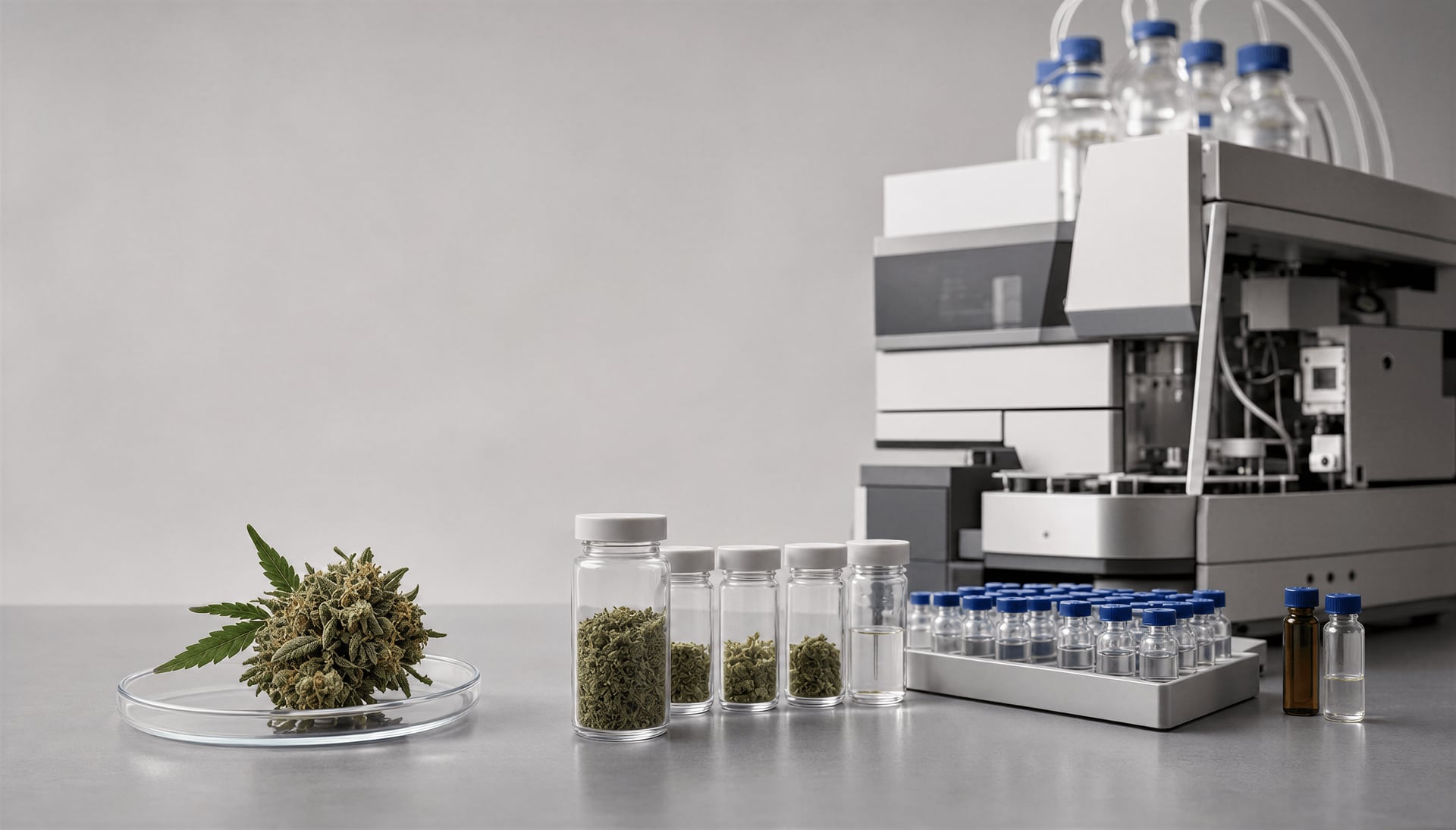Cannabis lab setup with flower sample and HPLC vials for acidic cannabinoid testing