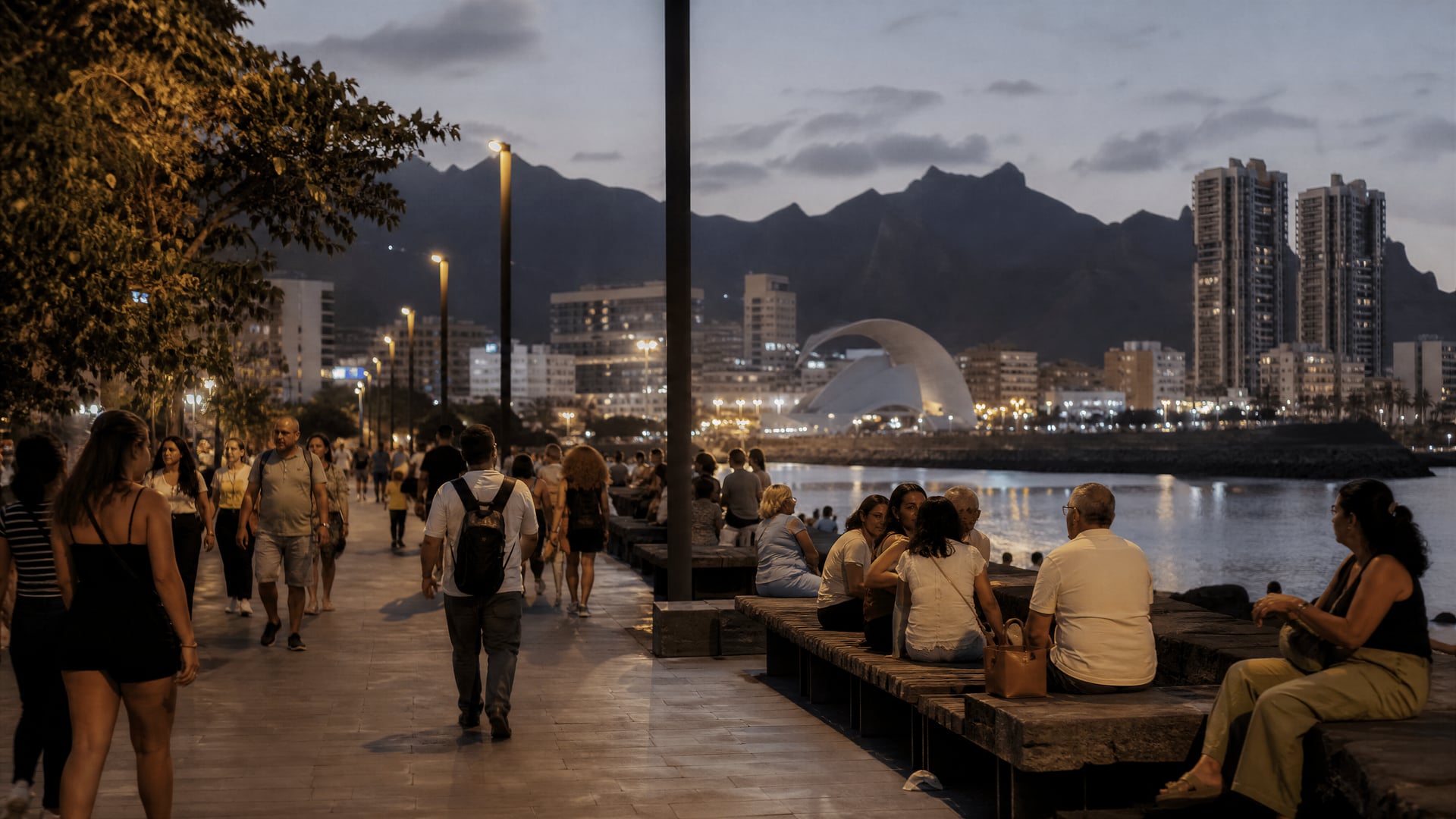 Evening Santa Cruz street scene with Tenerife cannabis social club context