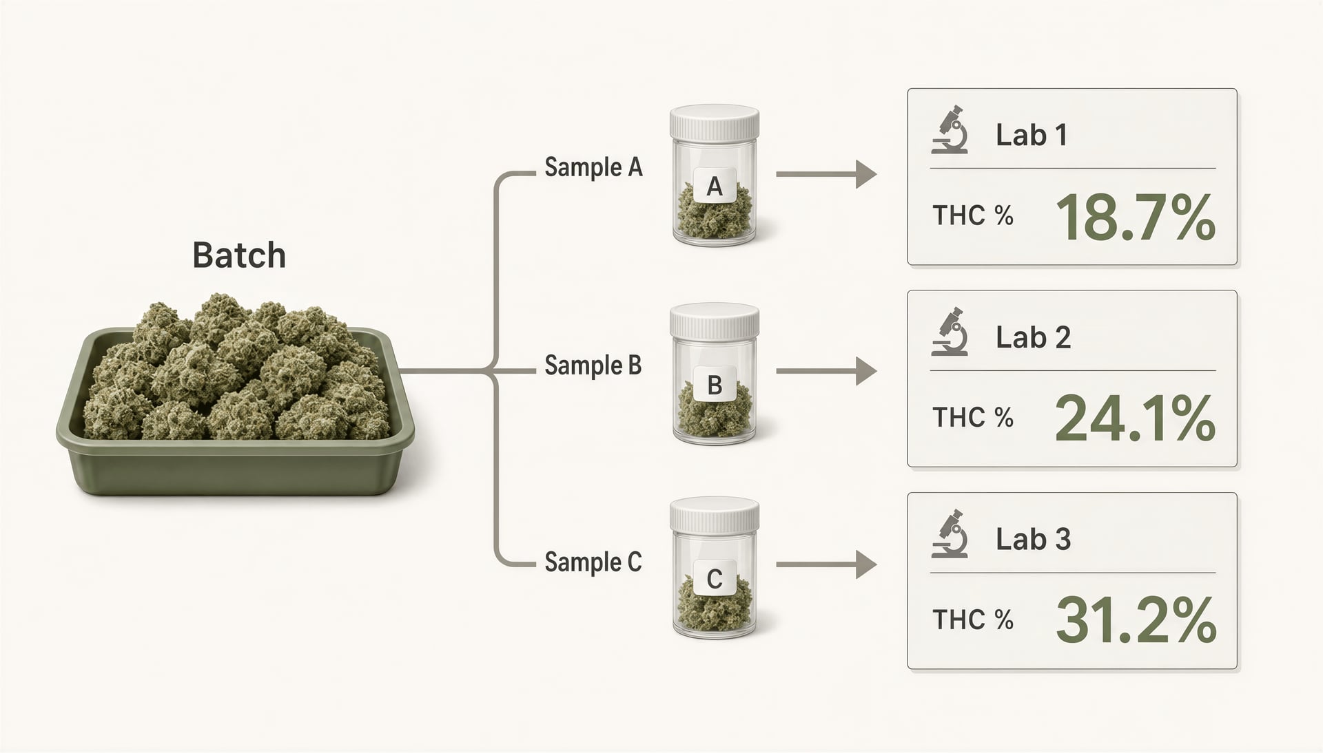Illustration of one cannabis batch yielding different THC results from different labs