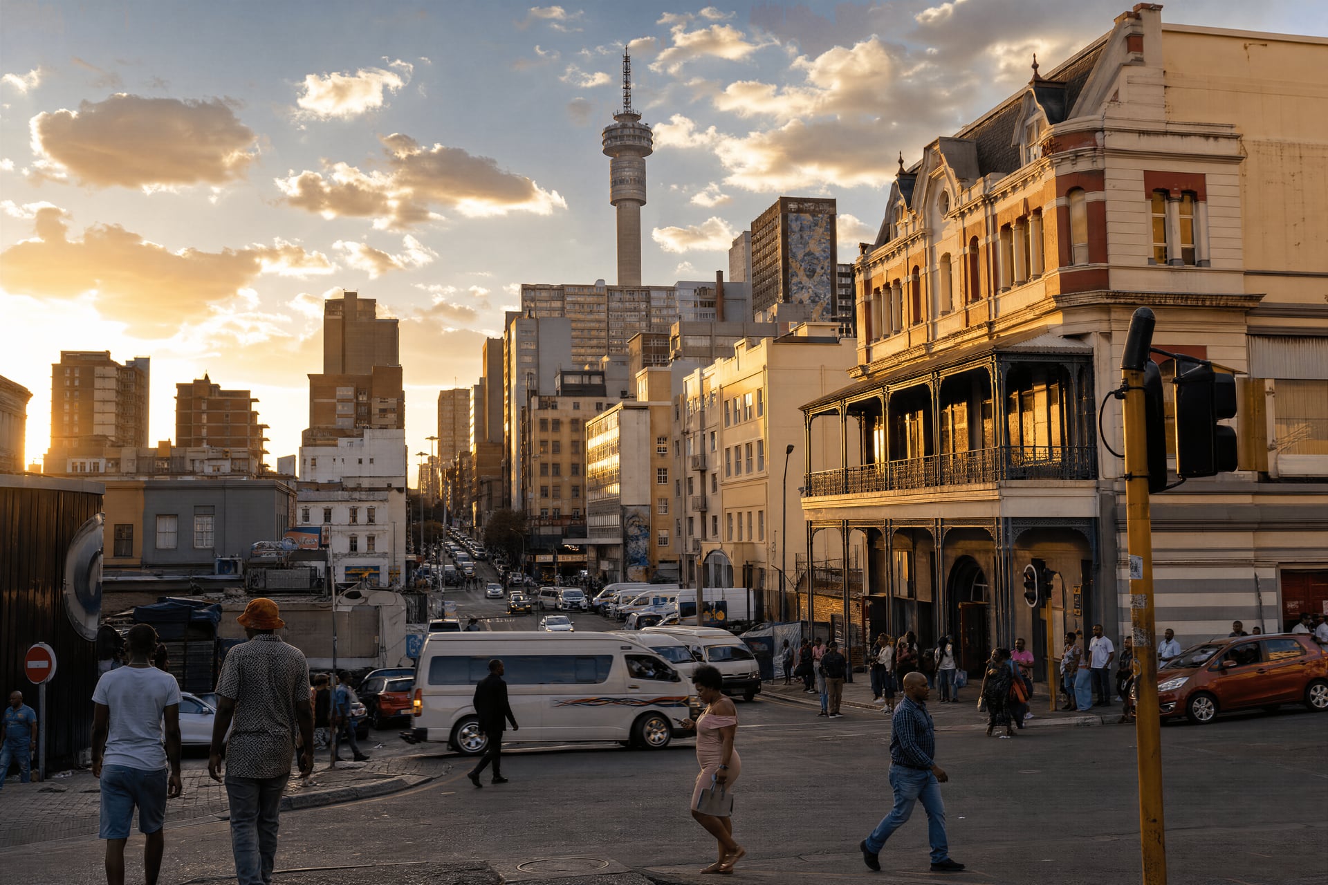 South Africa city street near cannabis social club neighborhoods, with pedestrians and historic facades