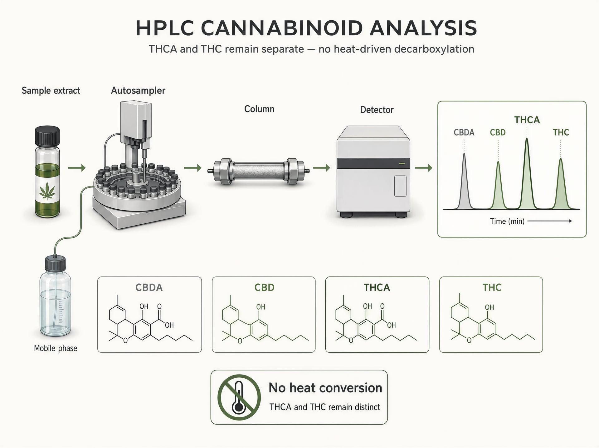 Schematic of HPLC separating THCA and THC as separate cannabinoids