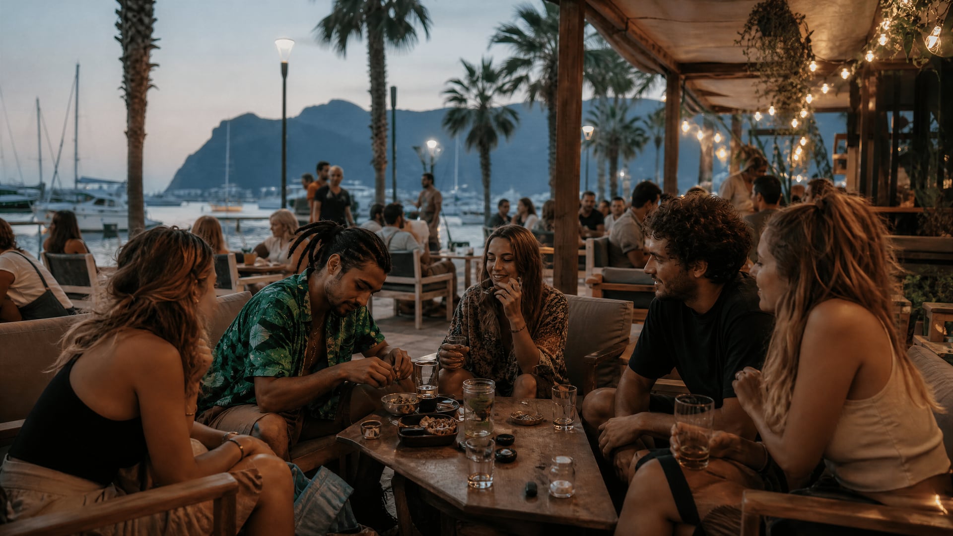 Port de Pollença evening terrace with cannabis social club scene and local life
