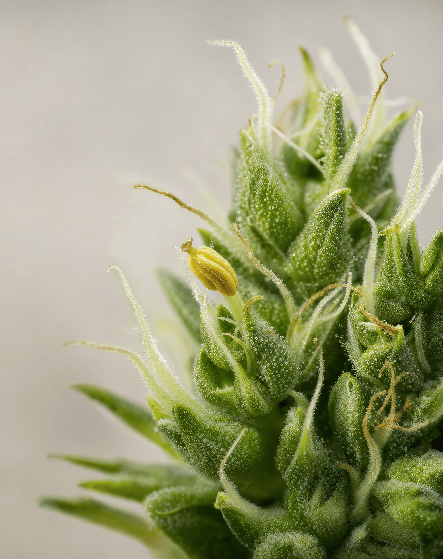 Macro photo of a female cannabis flower with a single exposed staminate anther among pistils.