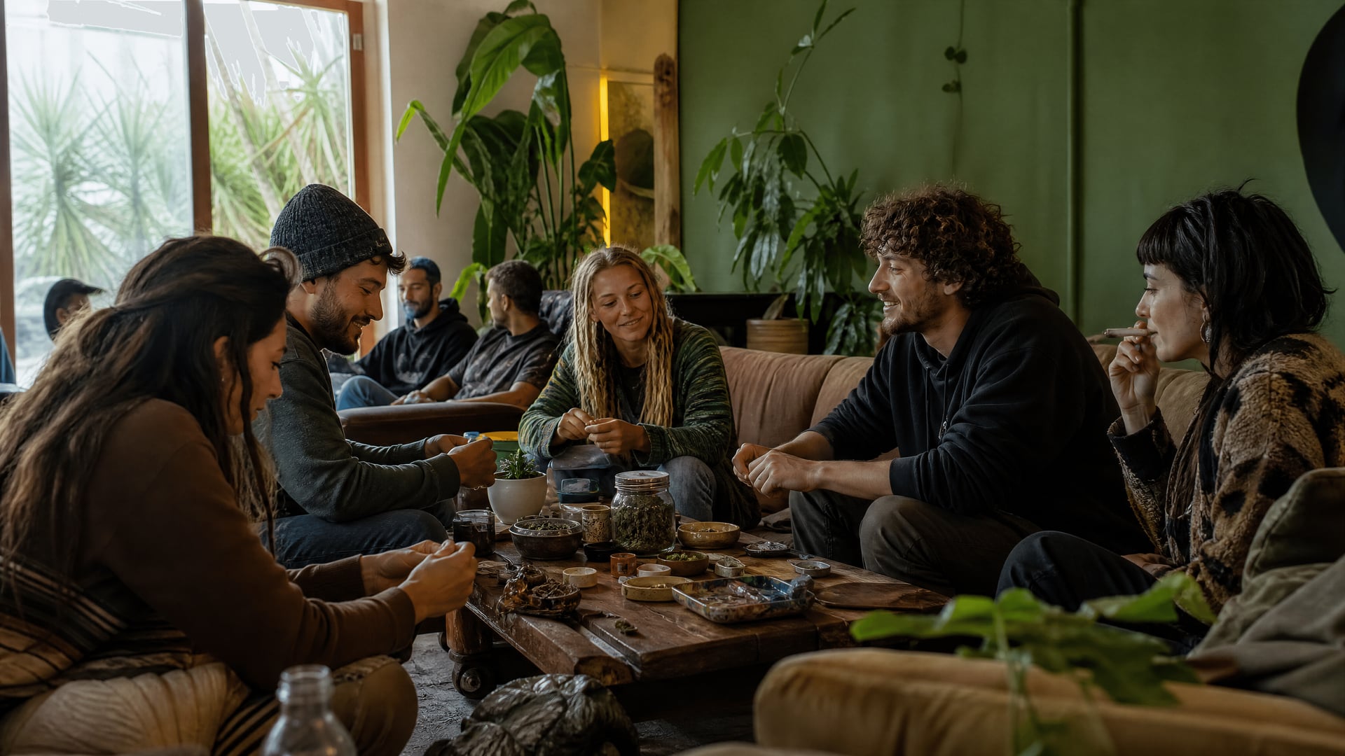 Lounge tranquilo de un club social de cannabis en Alcúdia con socios y mesas compartidas