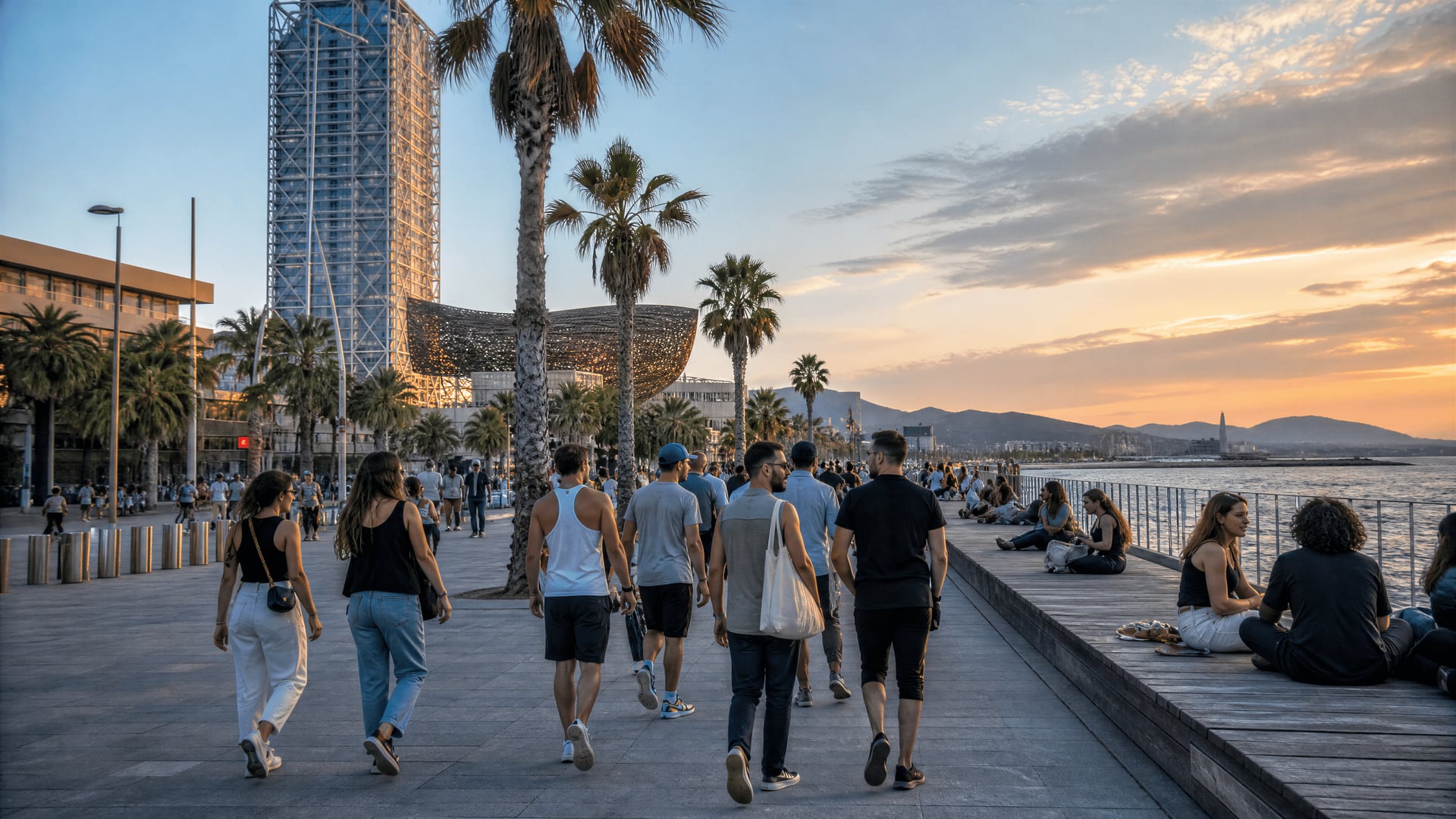 Catalonia coastal promenade with locals, evening walkers, and city club context