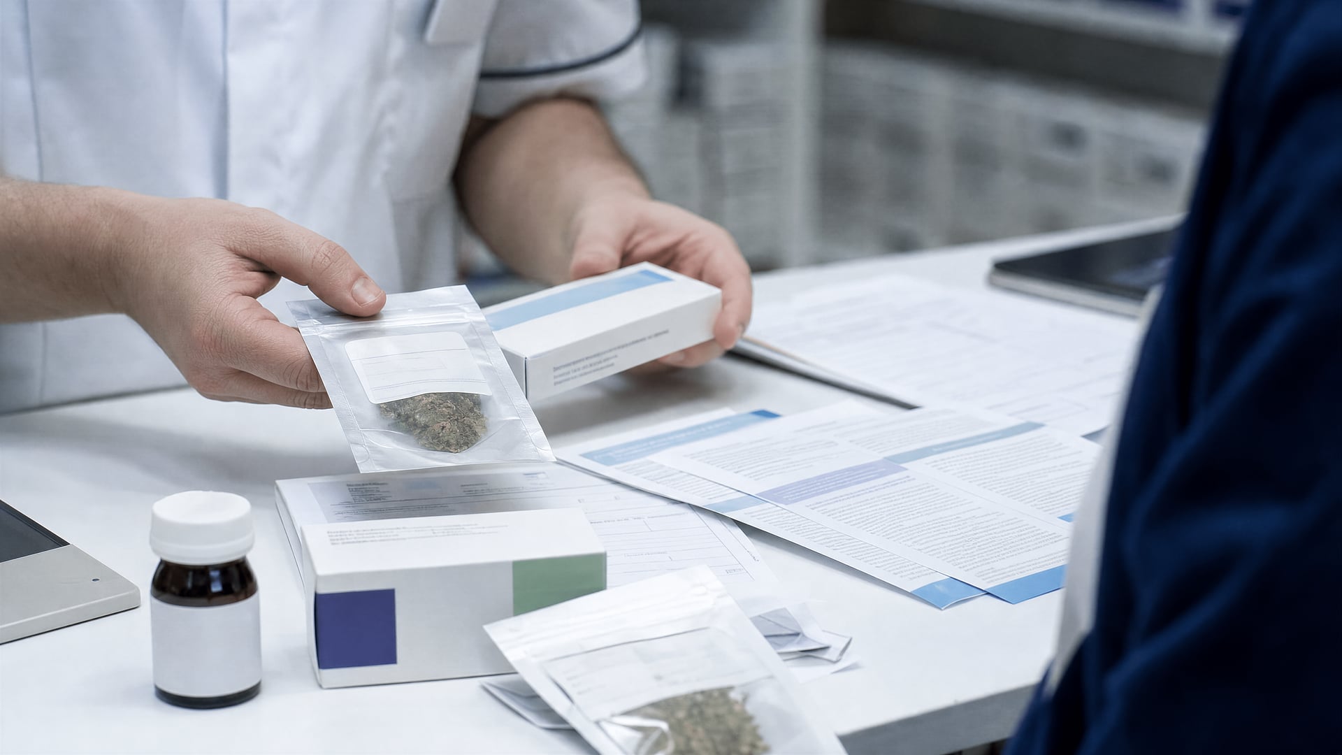 Apothekentheke im Krankenhaus mit versiegelten Paketen mit cannabinoid-Medikamenten und Rezeptunterlagen
