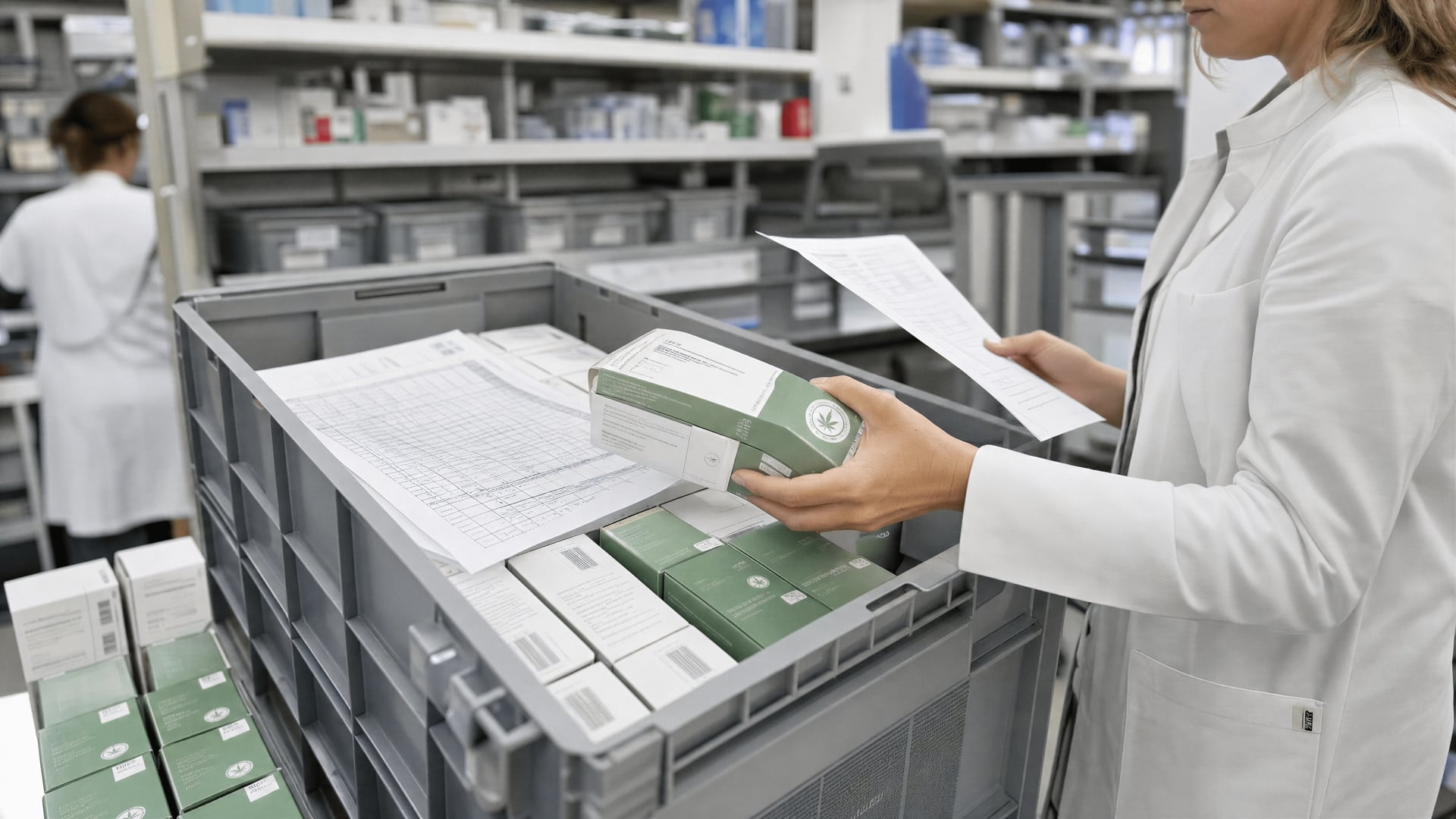 Cannabis-Medikamentenboxen und Einfuhrpapiere in einem Raum für den Apothekenvertrieb in der Europäischen Union