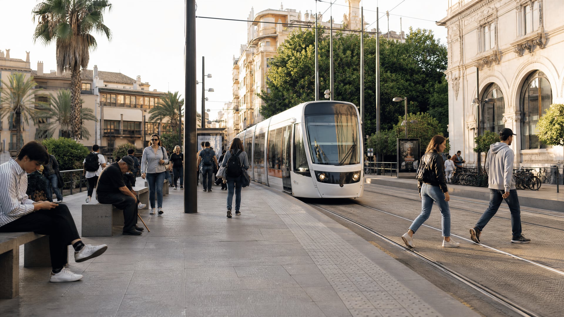 Valencia tram stop and everyday street life near cannabis social club neighborhoods