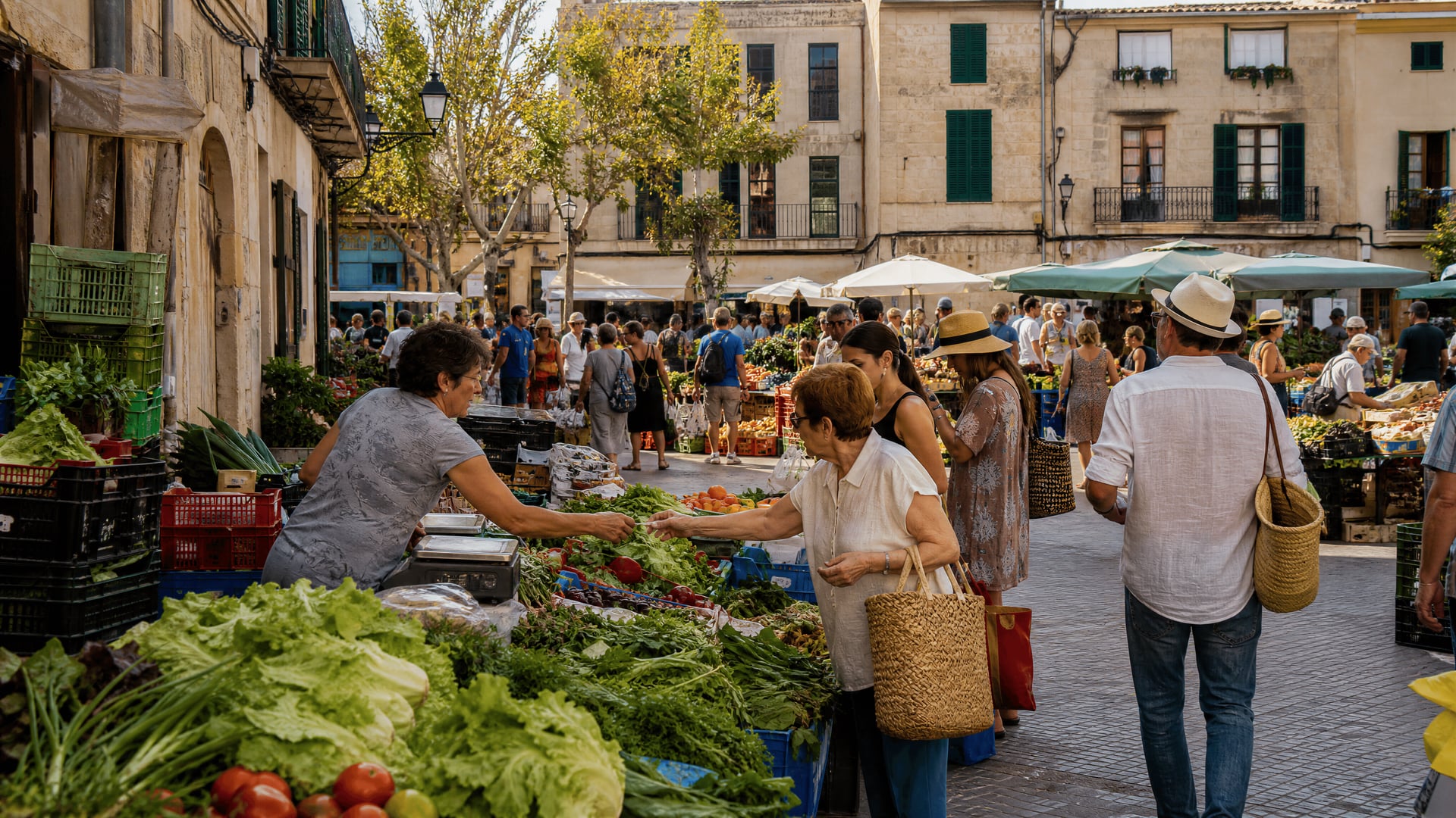 Morning market in Majorca with locals, produce stalls, and city neighborhood life