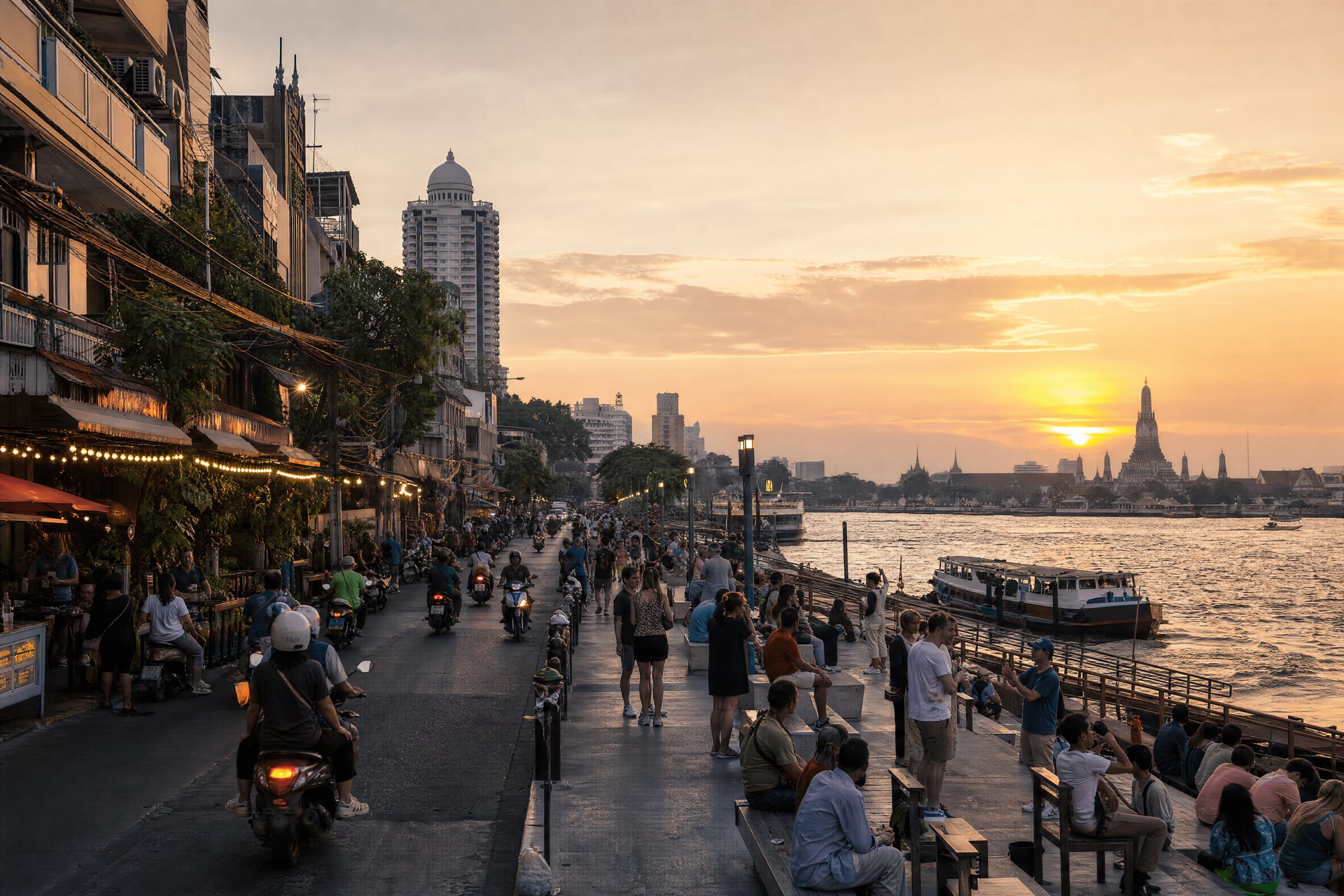 Bangkok riverside at dusk near Thailand cannabis social club culture