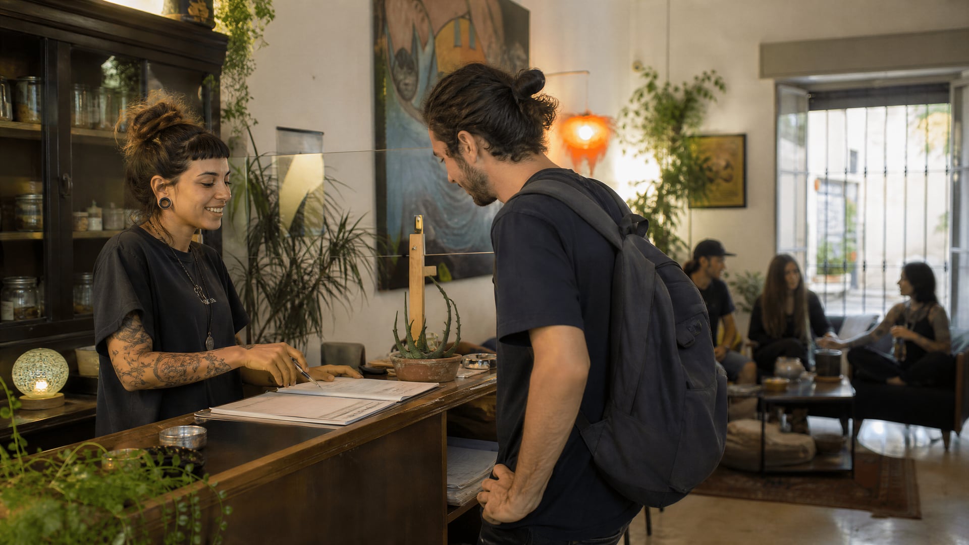 Recepción de un club social de cannabis de Tarragona con papeleo de membresía y control de ingreso de socios
