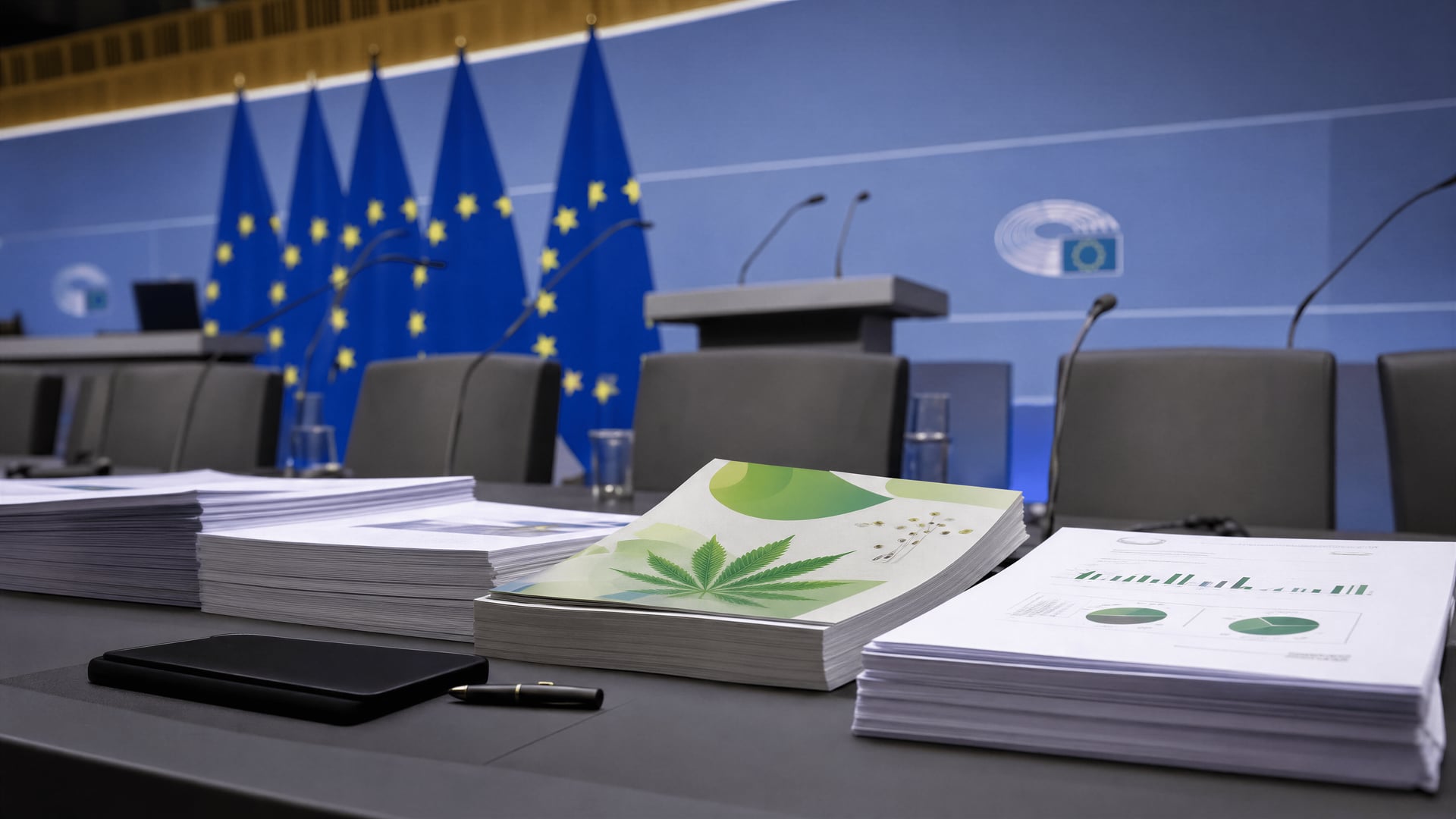 European policy briefing table with drugs reports and press backdrop in Brussels.