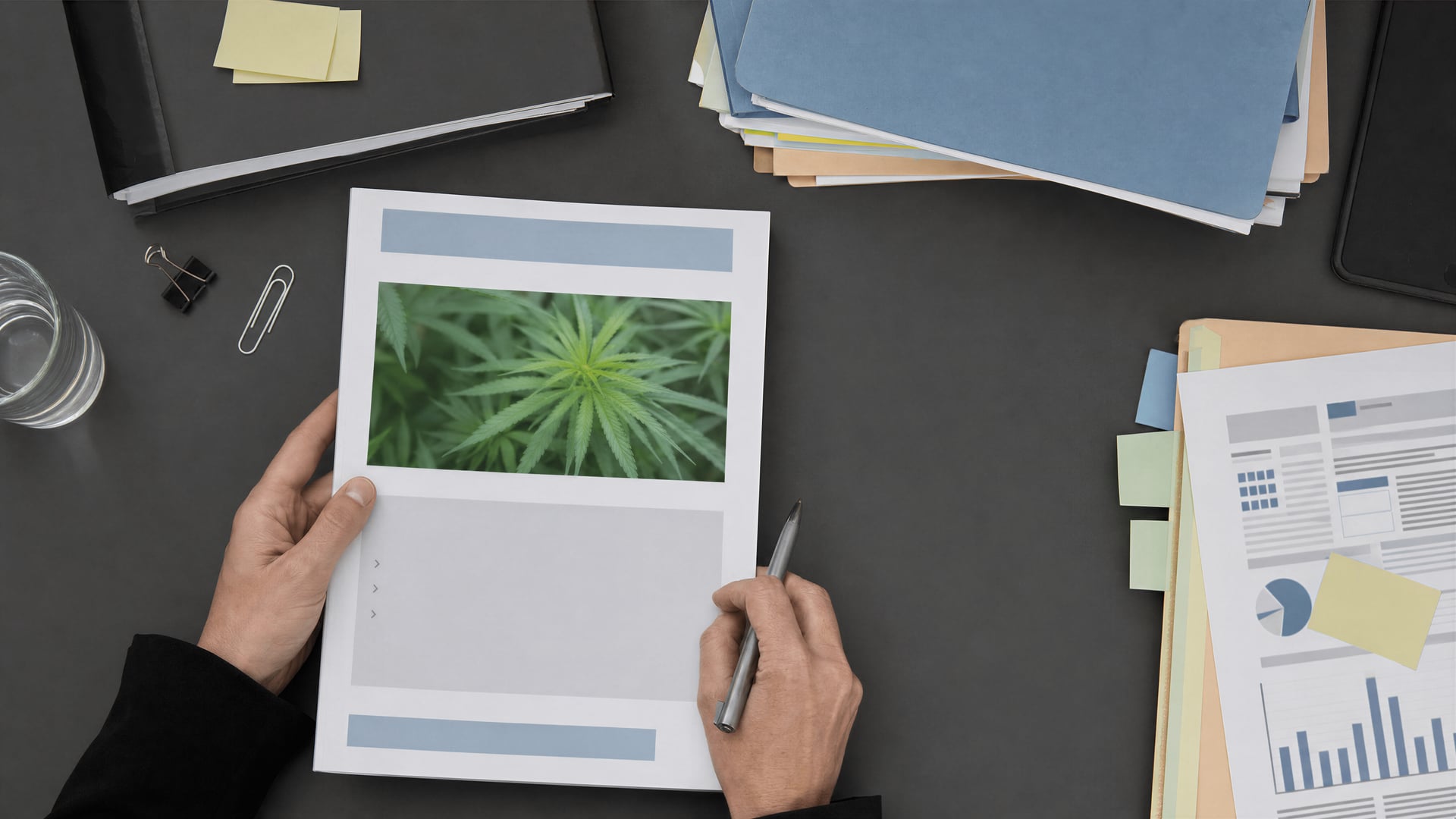 Gedruckte Seiten eines deutschen Cannabis-Evaluierungsberichts auf einem Schreibtisch mit Notizen und Ordnern.