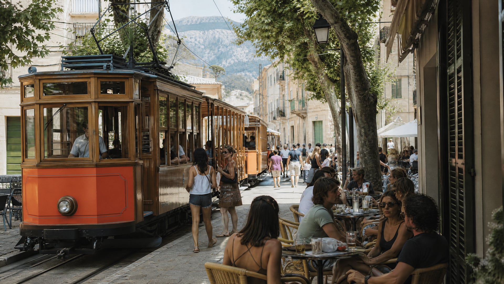 De tram van Sóller en levendig straatleven, met context voor reizen naar cannabis social clubs