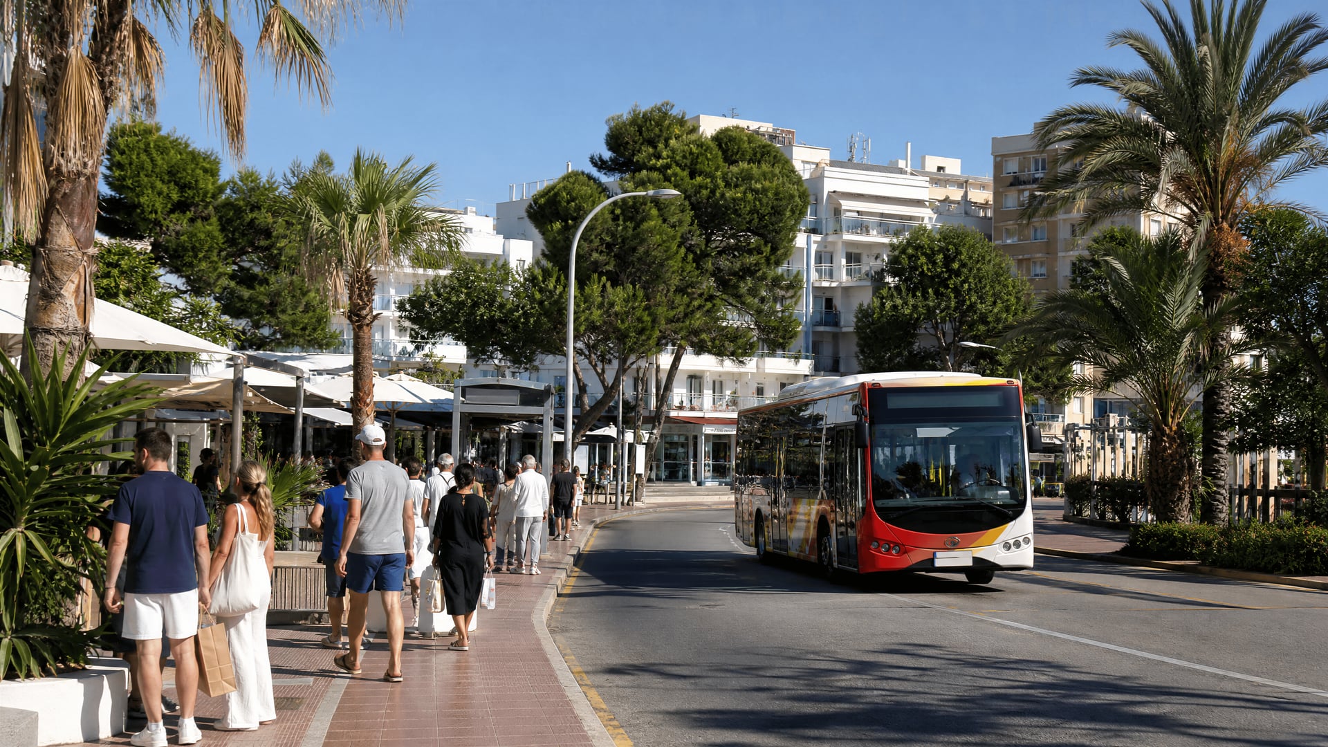 Santa Ponsa boulevard with bus access, pedestrians, and cannabis social club context