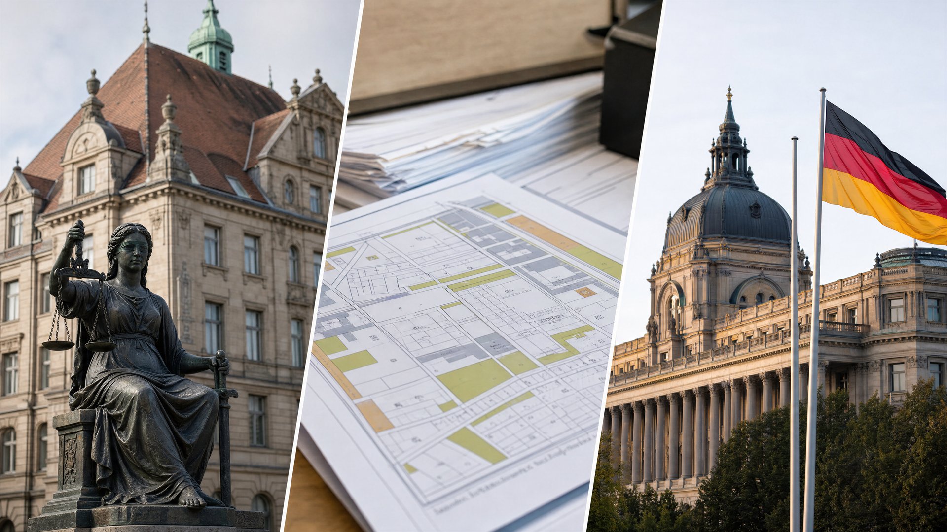 A courthouse scene with planning documents and a state government building in view.