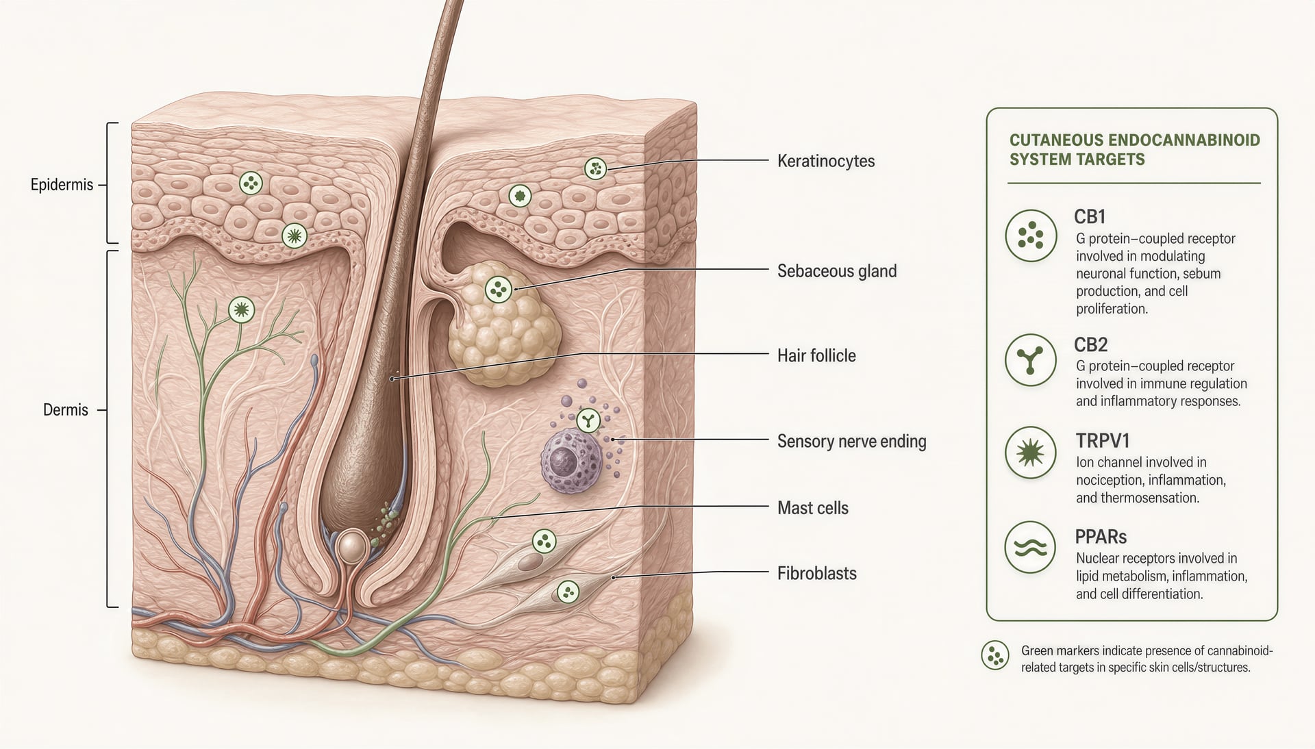 Diagram of skin layers and cell types involved in local cannabinoid signaling