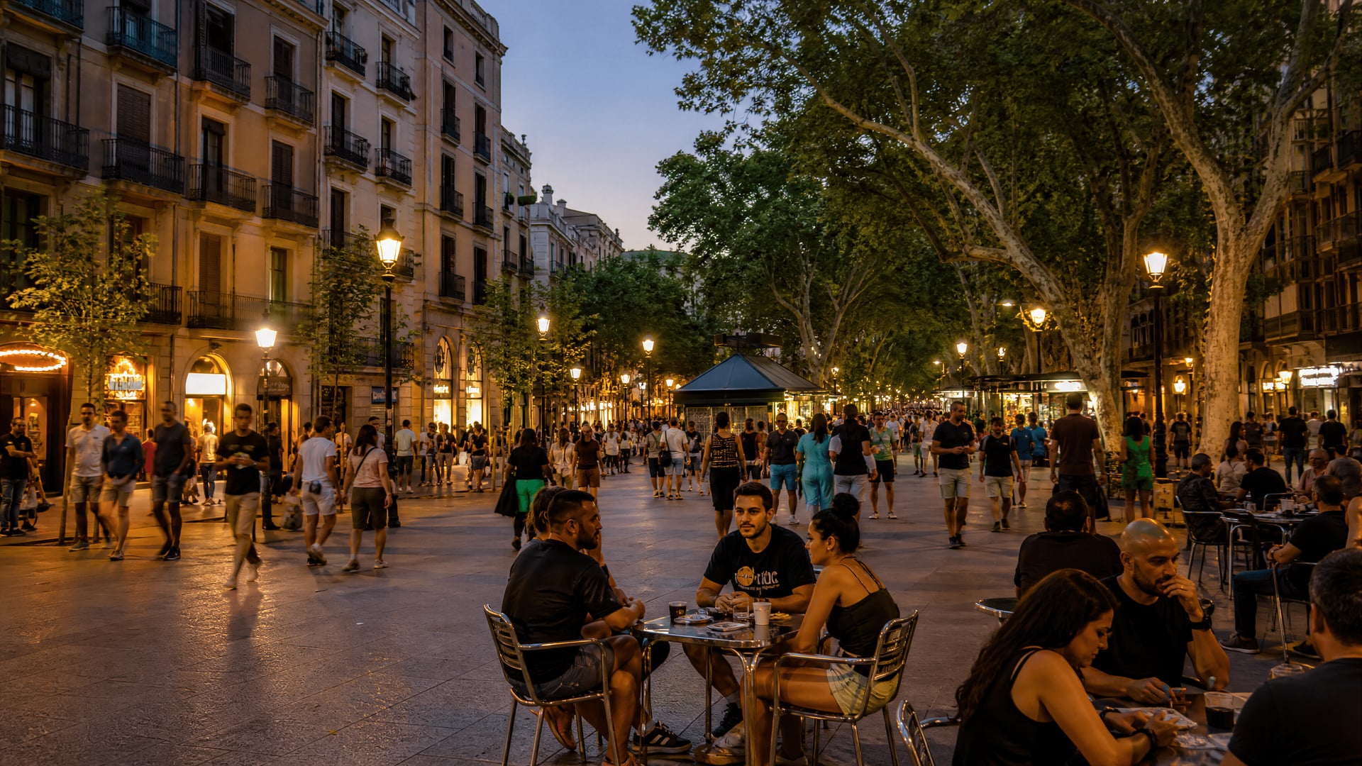 Catalonia evening street with locals, transit, and neighborhood club context