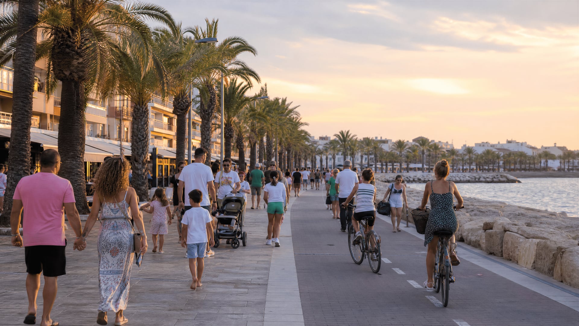 Senda marítima de Cambrils con familias, ciclistas y vida costera vespertina