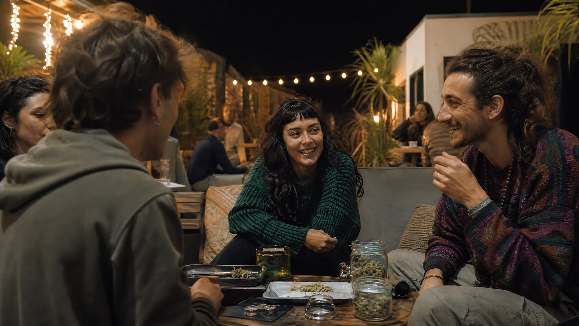 Terrasse nocturne à Adeje avec vie sociale locale et culture des cannabis social clubs
