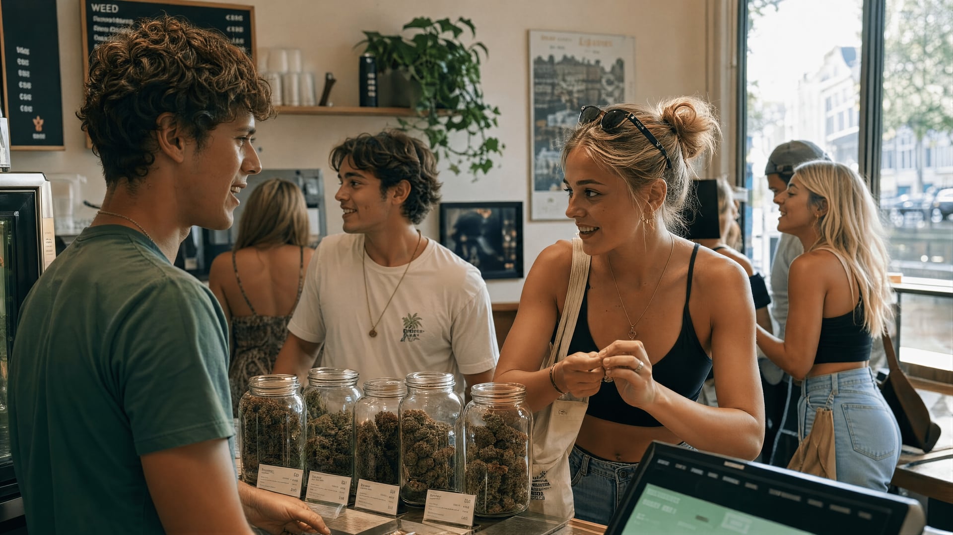 Binnen in een Nederlandse coffeeshop: een toonbank, een menu en zitplekken waar klanten ter plekke kunnen kopen en gebruiken