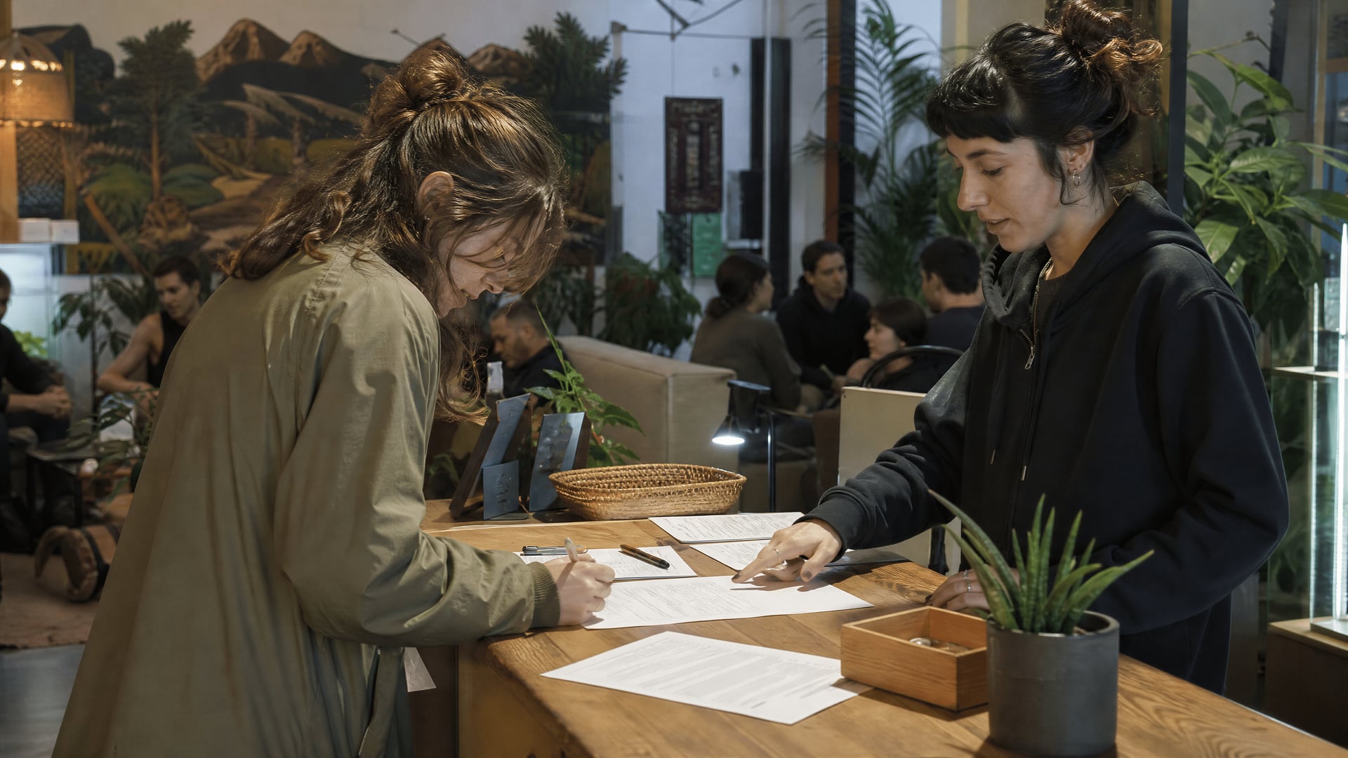 Girona cannabis club reception with membership forms and quiet check-in