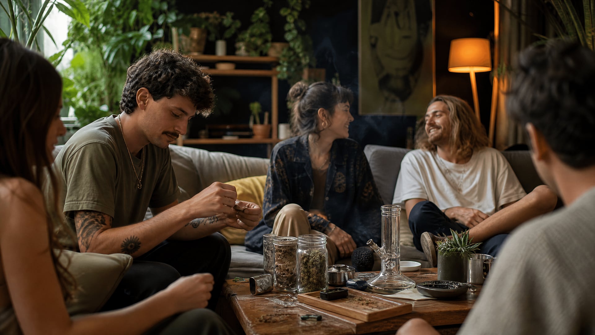 Members’ lounge in Palmanova with cannabis social club conversation and soft seating