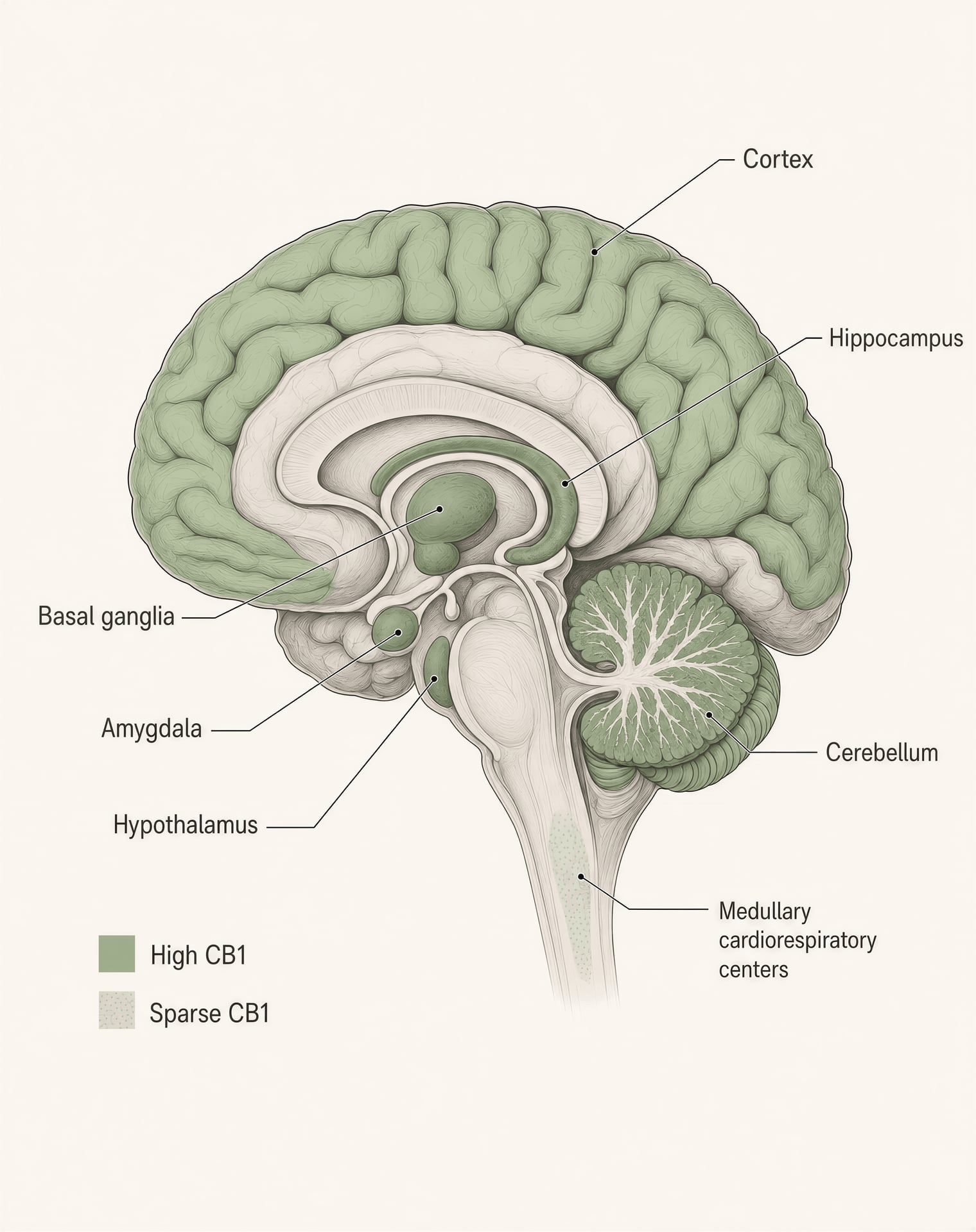 Labelled sagittal brain diagram showing where CB1 receptors are concentrated and where they are relatively sparse