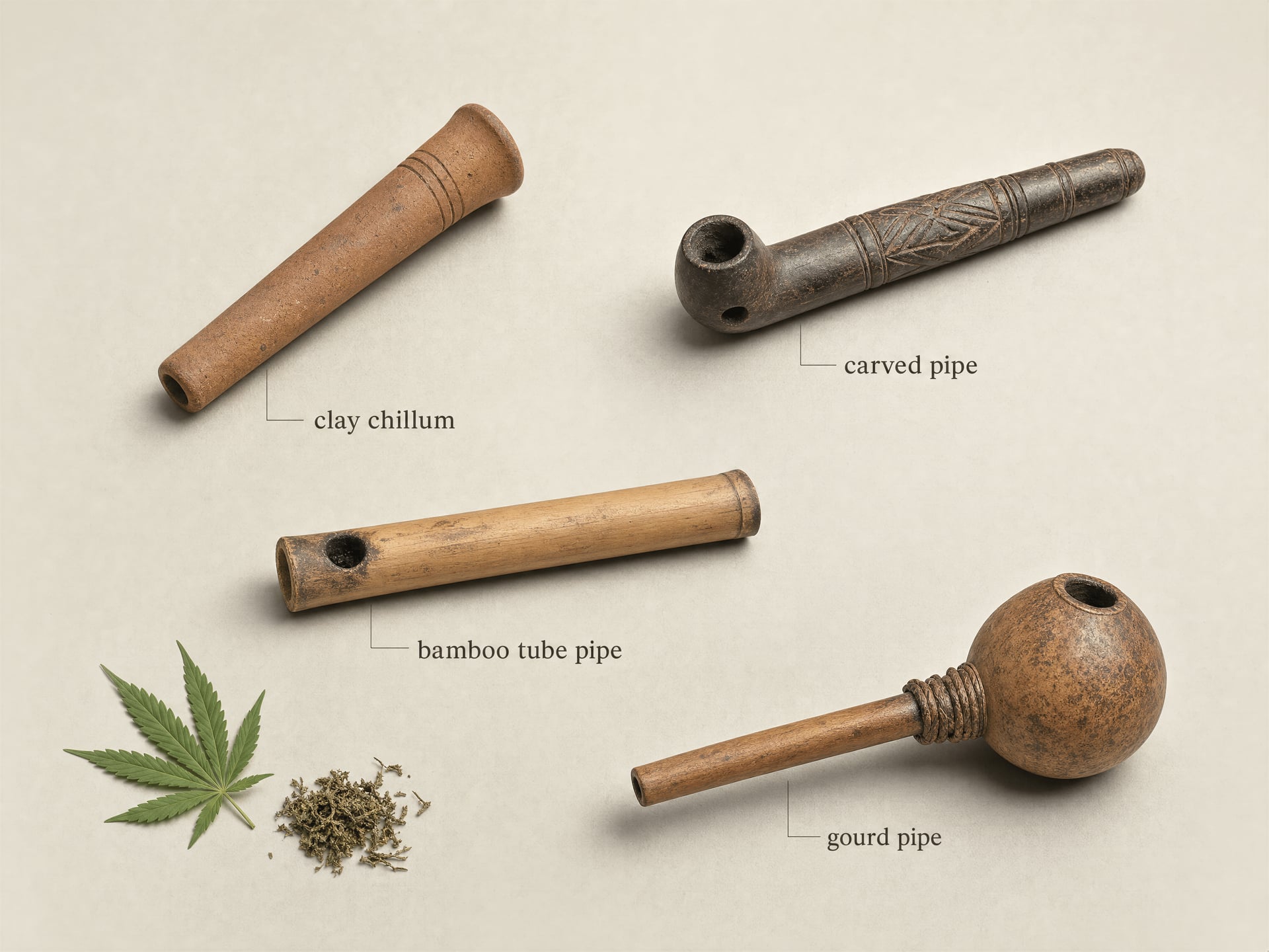 Illustration of several early smoking device forms made from clay, wood, bamboo, and gourd