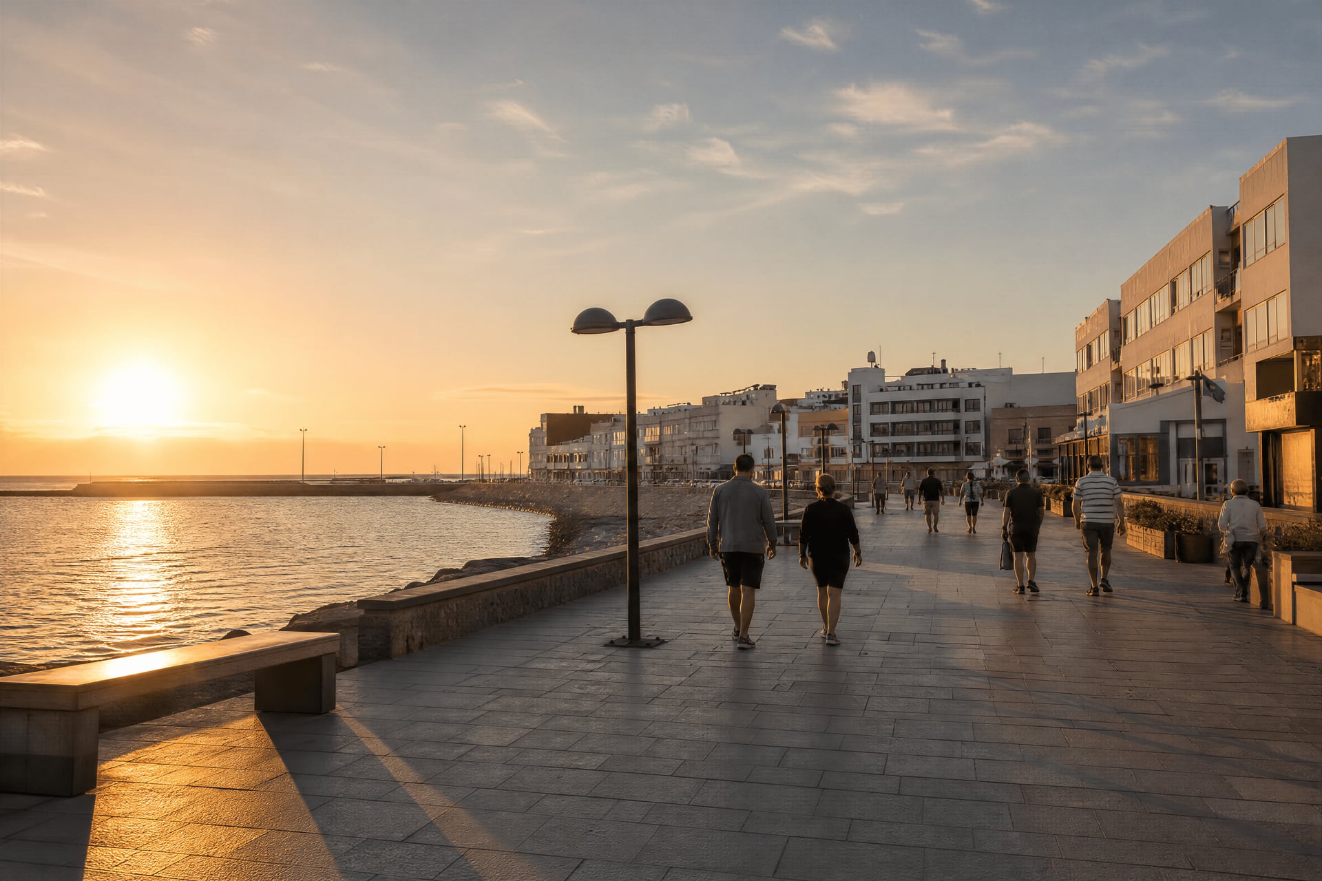 Puerto del Rosario waterfront for Fuerteventura cannabis social club context, evening walkers