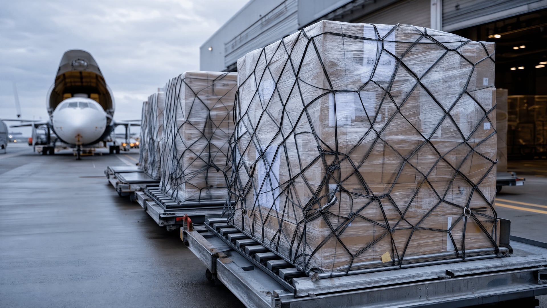 Medical cannabis cargo pallets at a European Union air-freight terminal bound for Germany