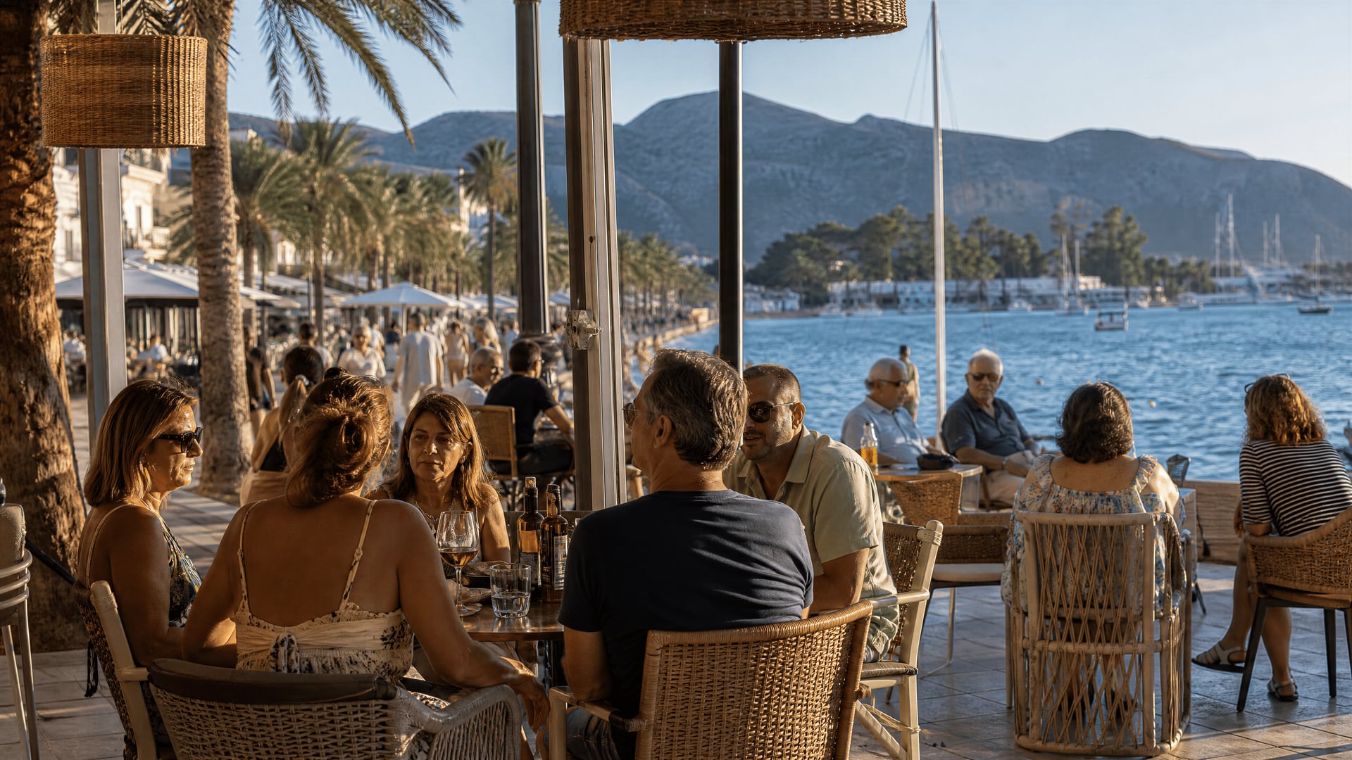 Port de Pollença waterfront dining with local culture and cannabis club context