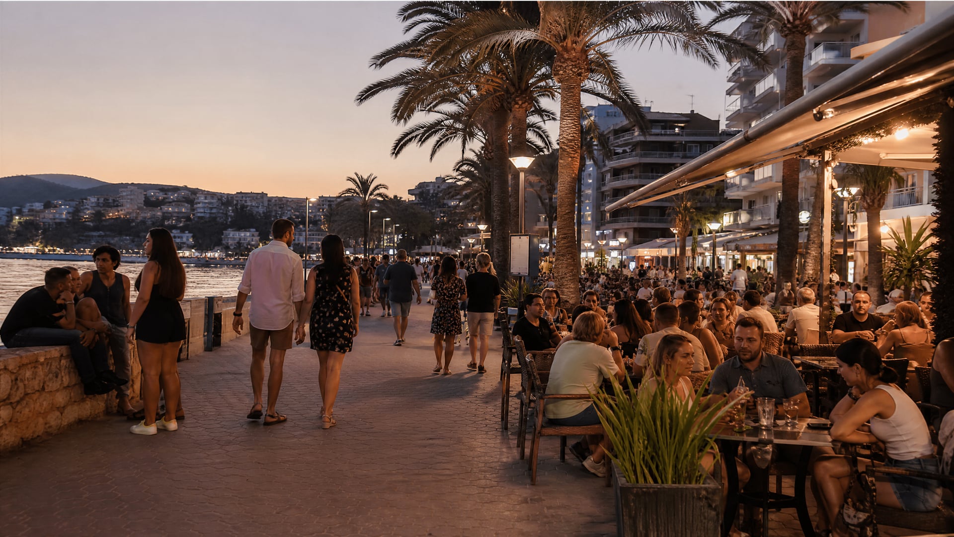 Promenade van Paguera met cafés, palmbomen en avondlijk buurtsleven