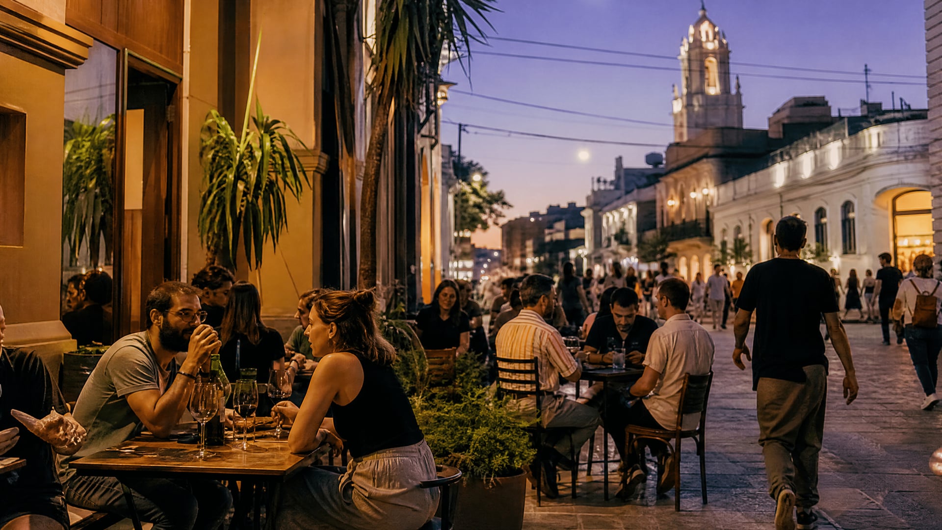 Montevideo neighborhood restaurant street with evening diners and city cannabis culture context