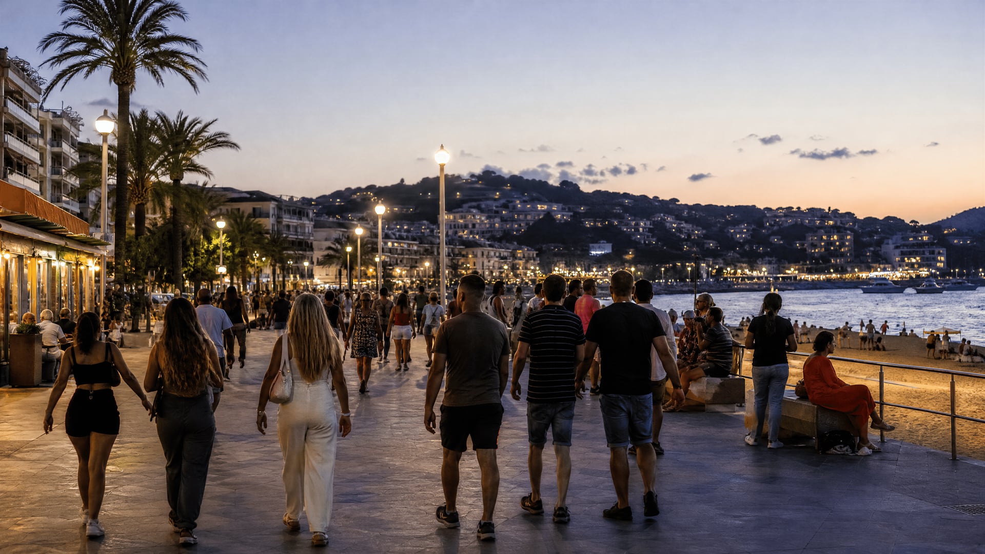 Lloret de Mar promenade with evening walkers near club districts