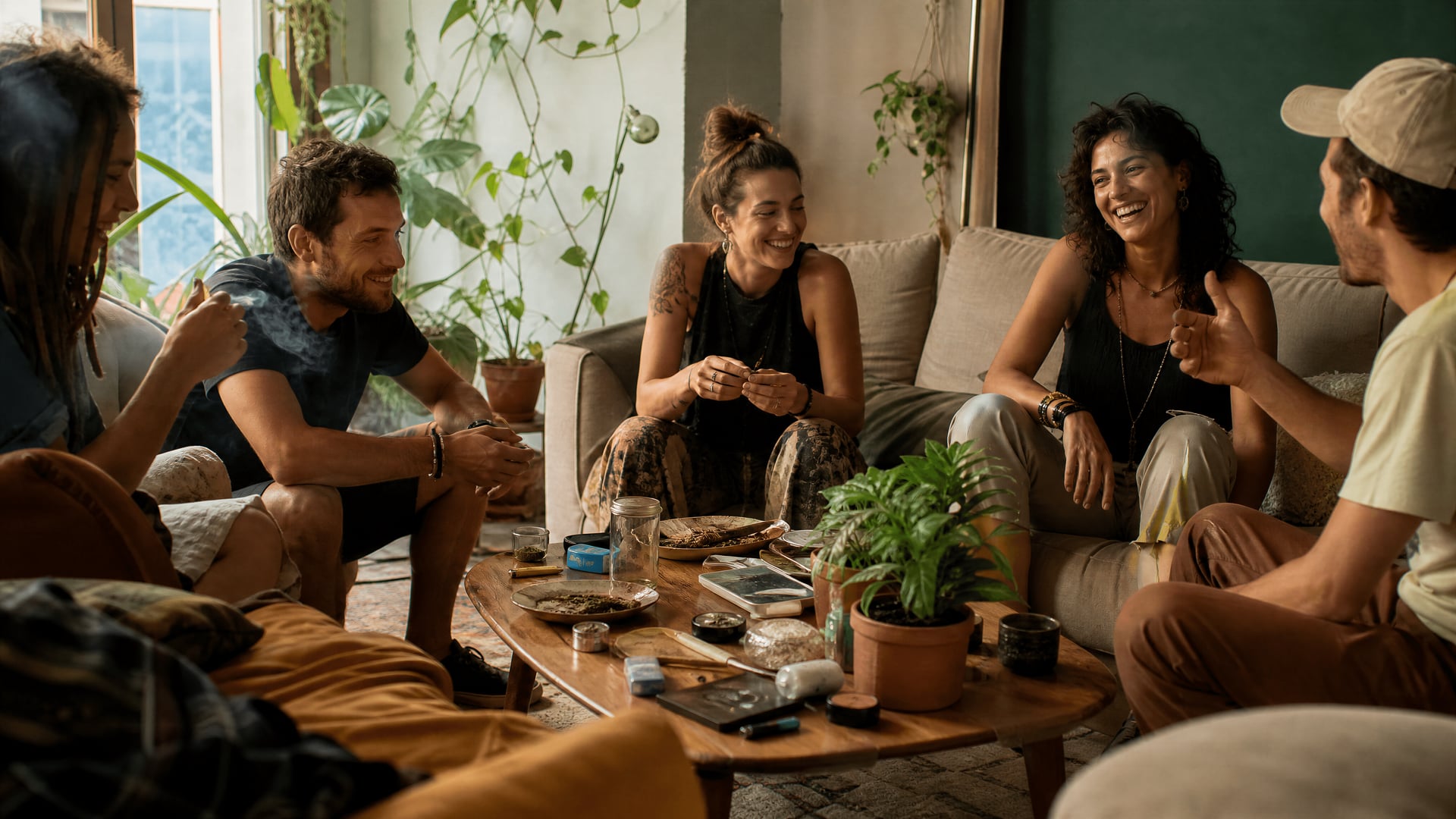Sala solo para miembros en Ibiza con sofás, mesas bajas y ambiente de cannabis social club