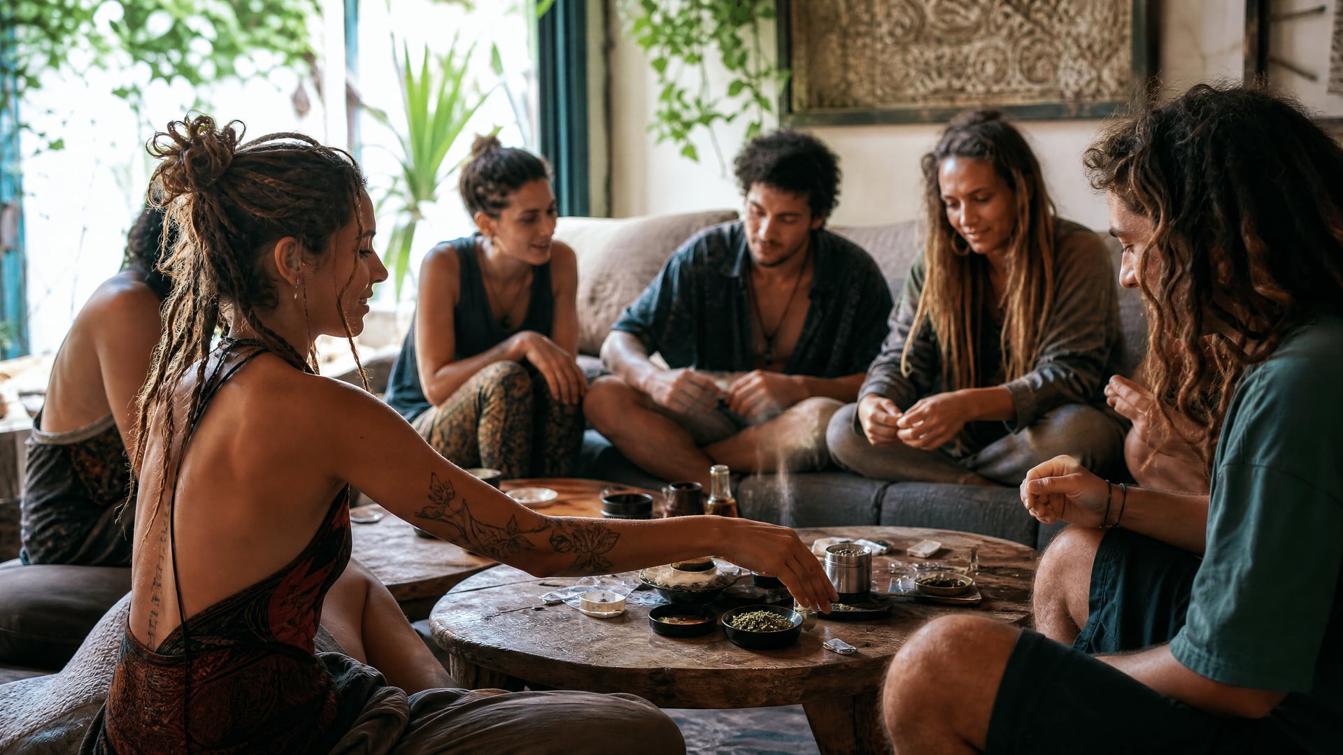 Members sharing a cosy Ibiza cannabis social club lounge with low tables