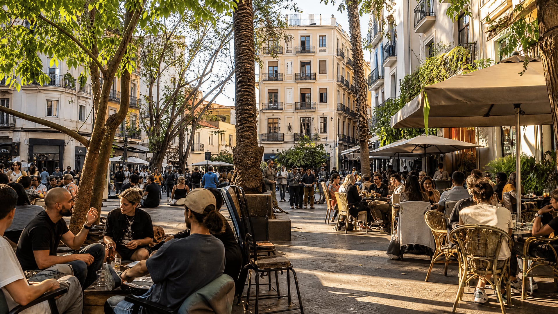 Ruzafa plaza in Valencia with cafés, locals, and cannabis social club neighborhood atmosphere