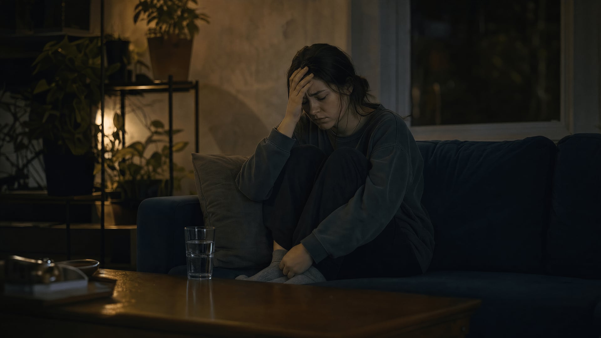 Person sitting on a sofa beside a water glass in a dim room