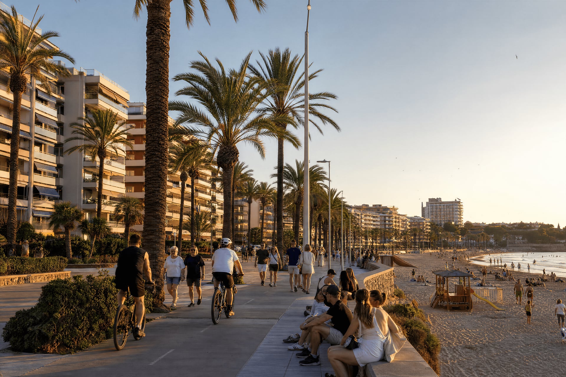 Salou waterfront promenade for cannabis social club readers, evening city life by the sea