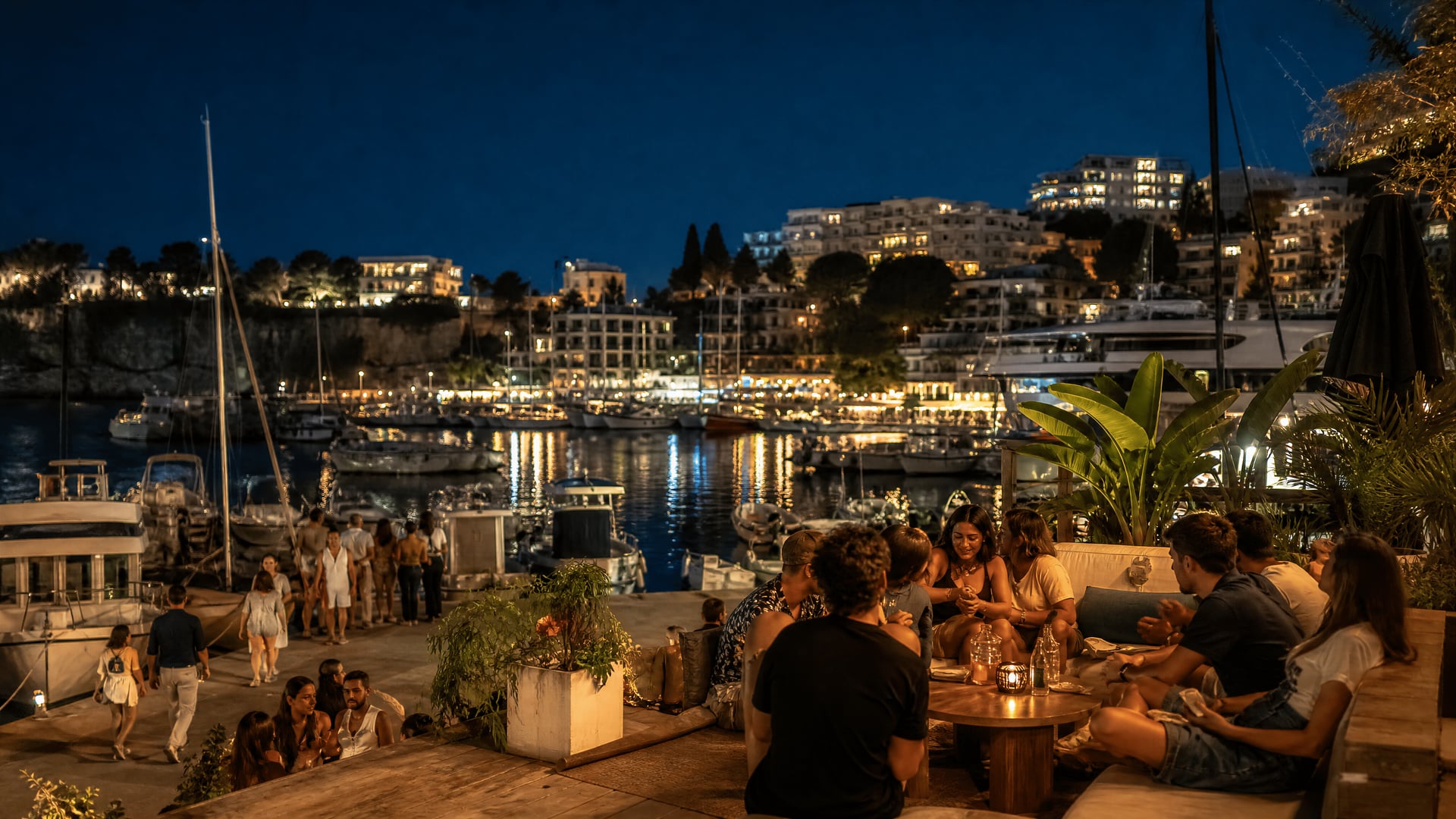 Luzes da marina de Portals Nous com a vida noturna de Calvià e atmosfera de clube de canábis