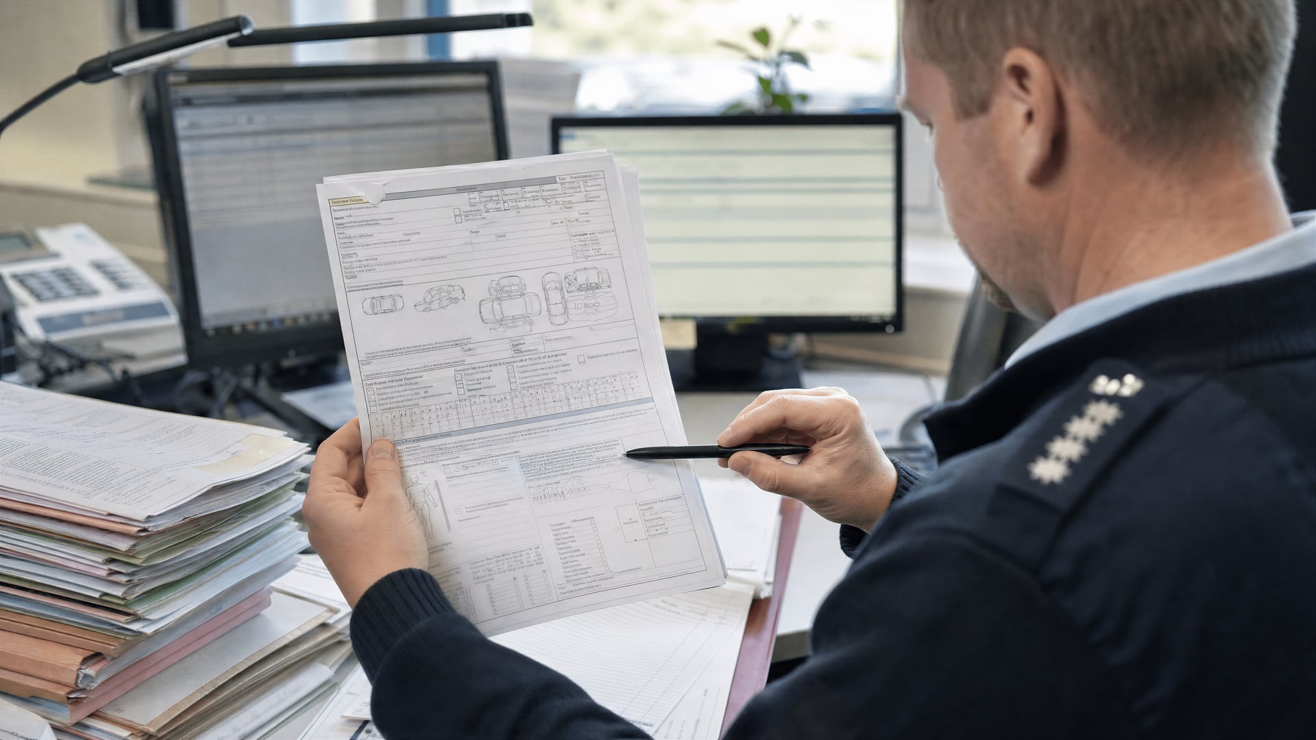 German road-safety staff reviewing accident reports and data fields for cannabis impairment.