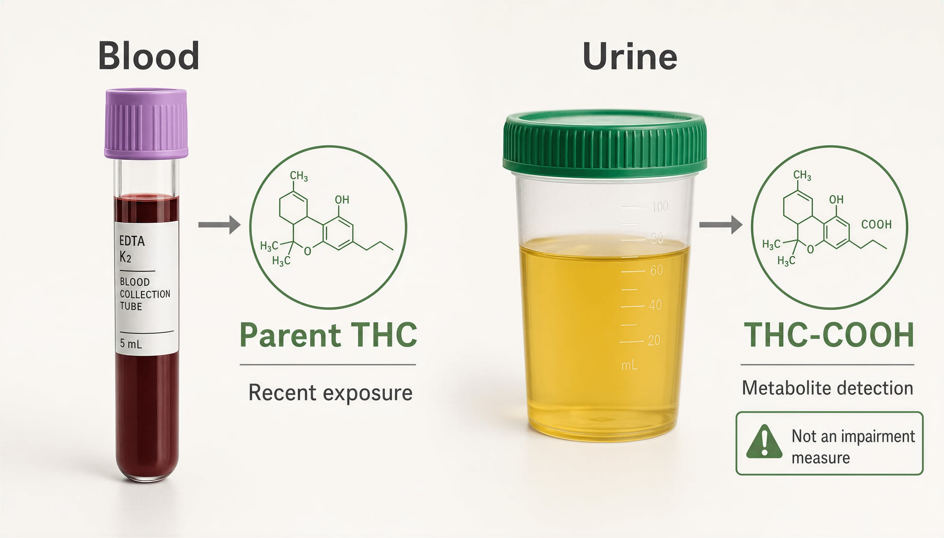 Side-by-side diagram comparing a blood sample for parent THC with a urine sample for THC-COOH metabolites.
