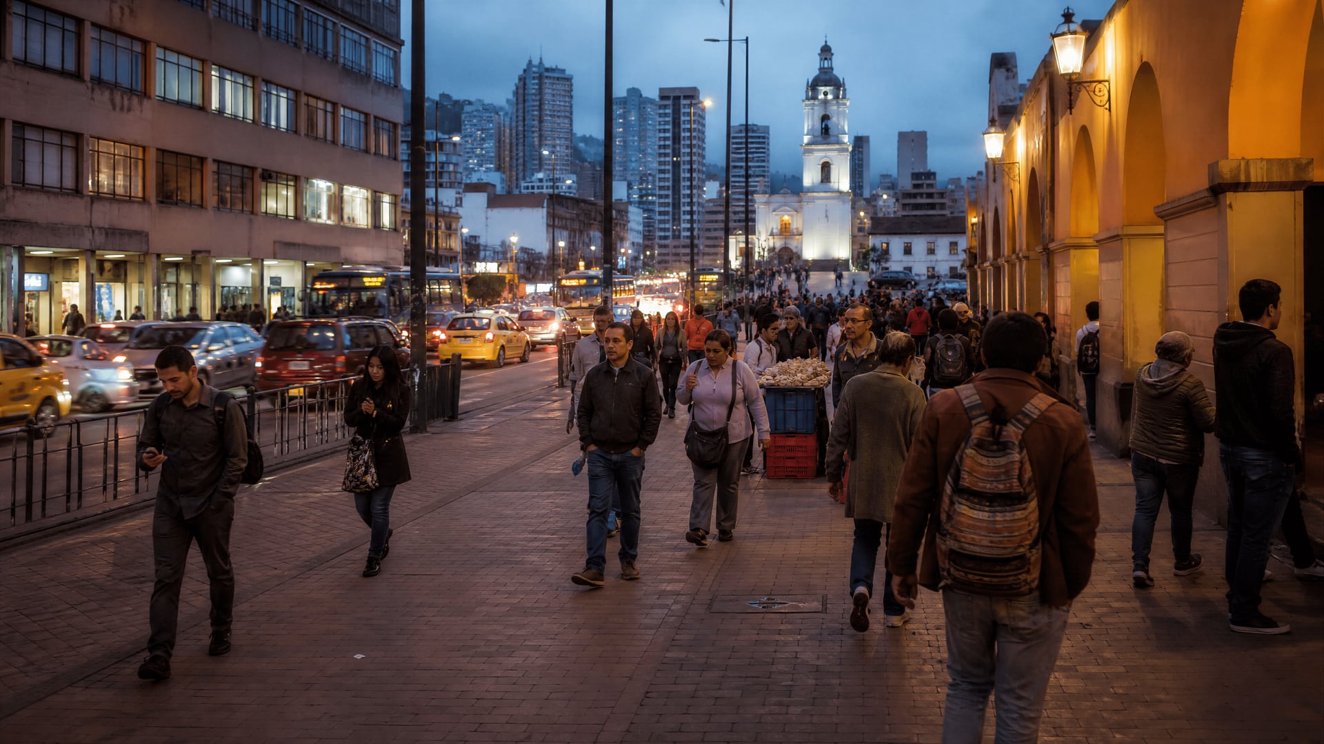Bogotá evening transit and street life supporting Colombia kannabisz szociális klub visits