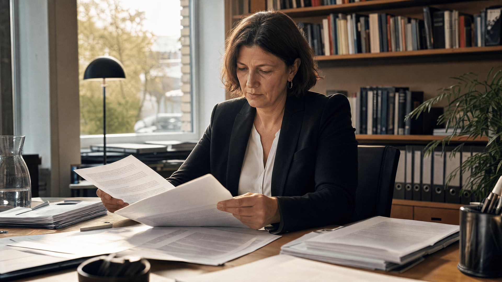 A German health policy desk with DHV statement papers and draft bill documents