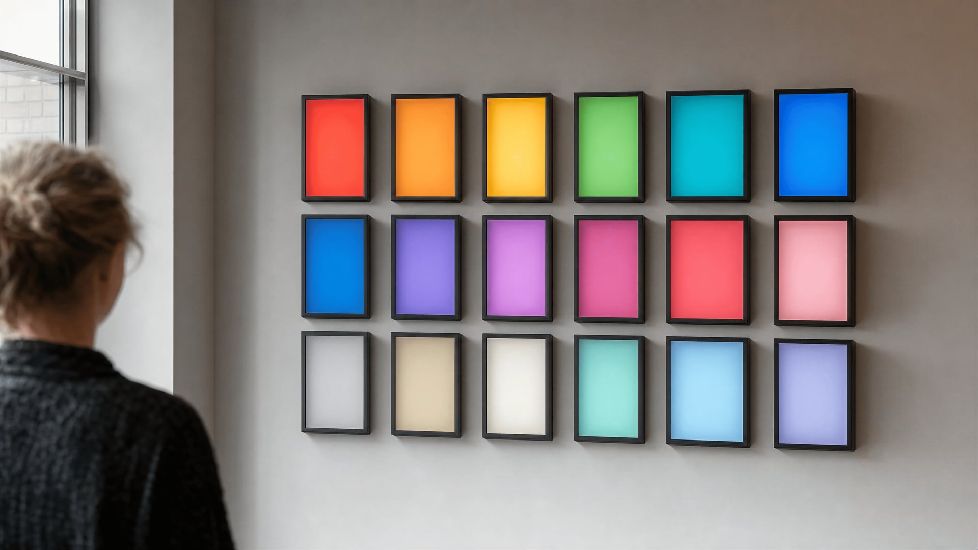 A wall of small identical signs each showing a greeting in a different world language, arranged in a neat grid.